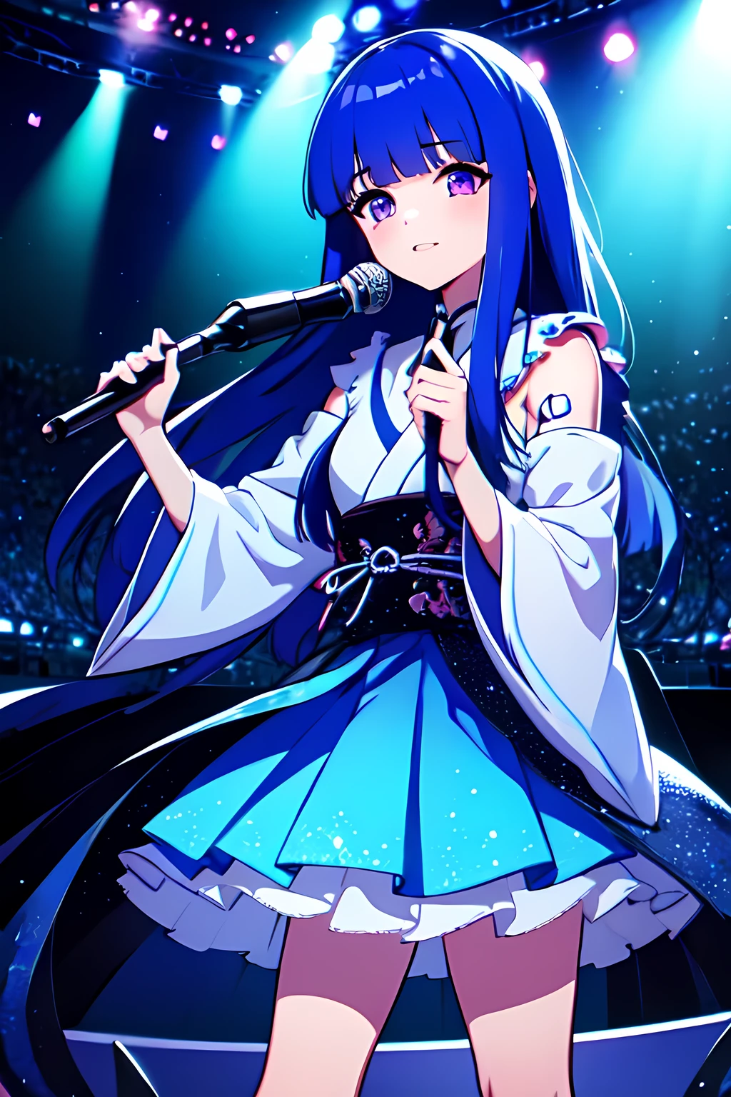 (Rika Furude), Blue Hair, Purple Eye, Long Hair, blunt bangs, bangs, , woman, Alone, Japanese idol costumes, Idol Dress, concert、Concert Lighting