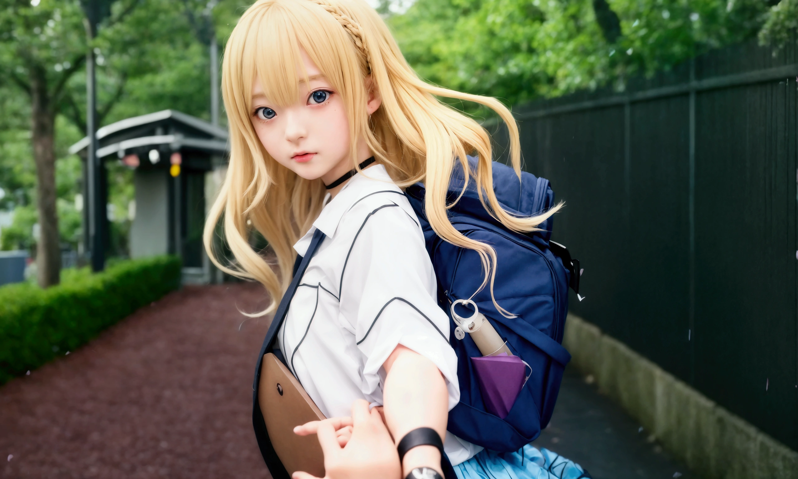 detailed RAW photo of a cute girl in a ruined city, (masterpiece, best quality, ultra detailed), extremely detailed CG unity 8k wallpaper, (best illumination, best shadow, an extremely delicate and beautiful halo), machanical halo, absurdres, ruined city, post-apocalypse,1girl, solo, long hair, light brown hair, yellow eyes, low twintails, school uniform, pleated skirt, ribbon, halo, bag, white panties, squatting, <lora:bluearchive_Ajitanihifumi:1>, hifumi \(blue archive\),