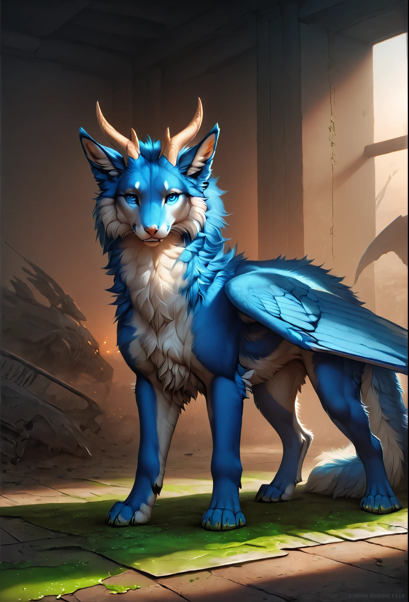 darra, female, full body,feral, furred dragon, female, white and blue fur with green blood stains on the fur, wings, horns, tail, chest fluff, paws, fangs, ton back, faded blue eyes, a quadruped creature, detailed fur, intricate textures, detailed background, battlefield, (((green blood stains on the fur))),(((bones  around on floor))),(((puddles of green blood on floor))), dramatic lighting, muted color palette, cinematic composition, ultra-detailed, 8k, photorealistic, masterpiece