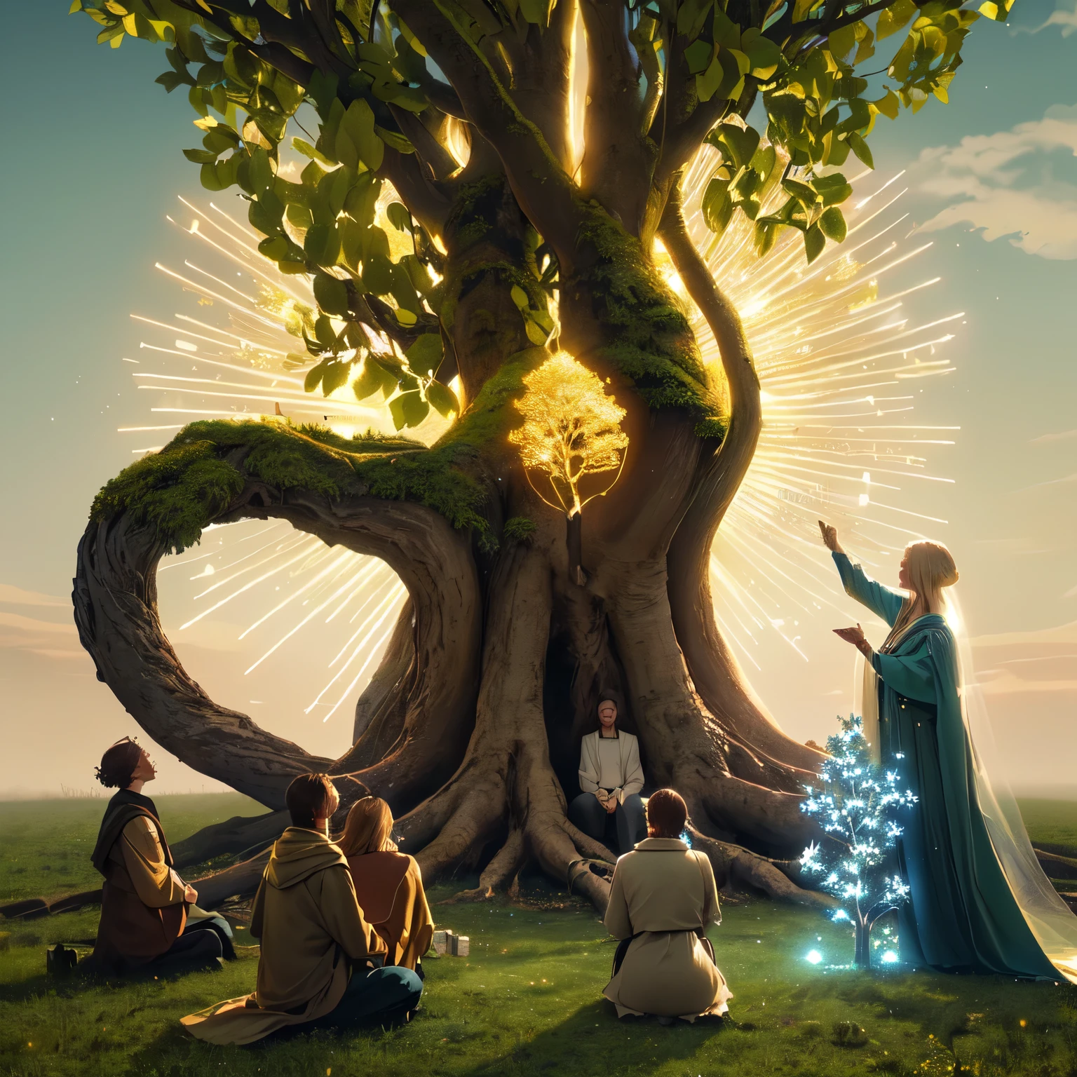 there are people sitting under a tree with a light shining on it, golden sacred tree, the oracle of trees, by Mike Winkelmann, casting a root spell, tree of life seed of doubt, the tree of life, high quality fantasy stock photo, magic tree, inspired by Mike Winkelmann, magical tree, realistic fantasy render, the world tree