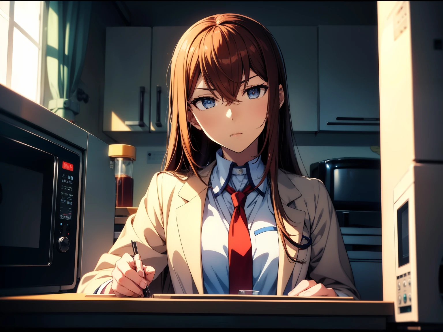 masterpiece、Best Quality、High resolution、Detailed face、((anime、anime塗り、animeカラーリング、RAW Photos)),makise kurisu,1girl, bangs, belt, blue eyes, hair between eyes, long hair, looking at viewer, makise kurisu, necktie</input></xml>, open_labcoat, blown hair, white_shirt, Alone, upper body,Random Pause、Random Angle、Depth of written boundary、Laboratory、graduate School,anime背景,(steins;GATE),(laboratory,labo,nixie tube:1.5,big_clock_gear:1.5,microwave oven,hourglass)