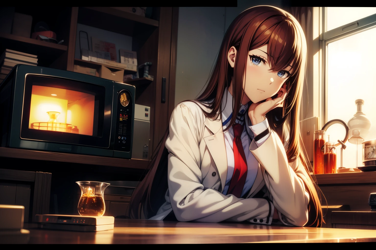 masterpiece、Best Quality、High resolution、Detailed face、((anime、anime塗り、animeカラーリング、RAW Photos)),makise kurisu,1girl, bangs, belt, blue eyes, hair between eyes, long hair, looking at viewer, makise kurisu, necktie</input></xml>, open_labcoat, blown hair, white_shirt, Alone, upper body,Random Pause、Random Angle、Depth of written boundary、Laboratory、graduate School,anime背景,(steins;GATE),(laboratory,labo,nixie tube:1.5,big_clock_gear:1.5,microwave oven,hourglass)