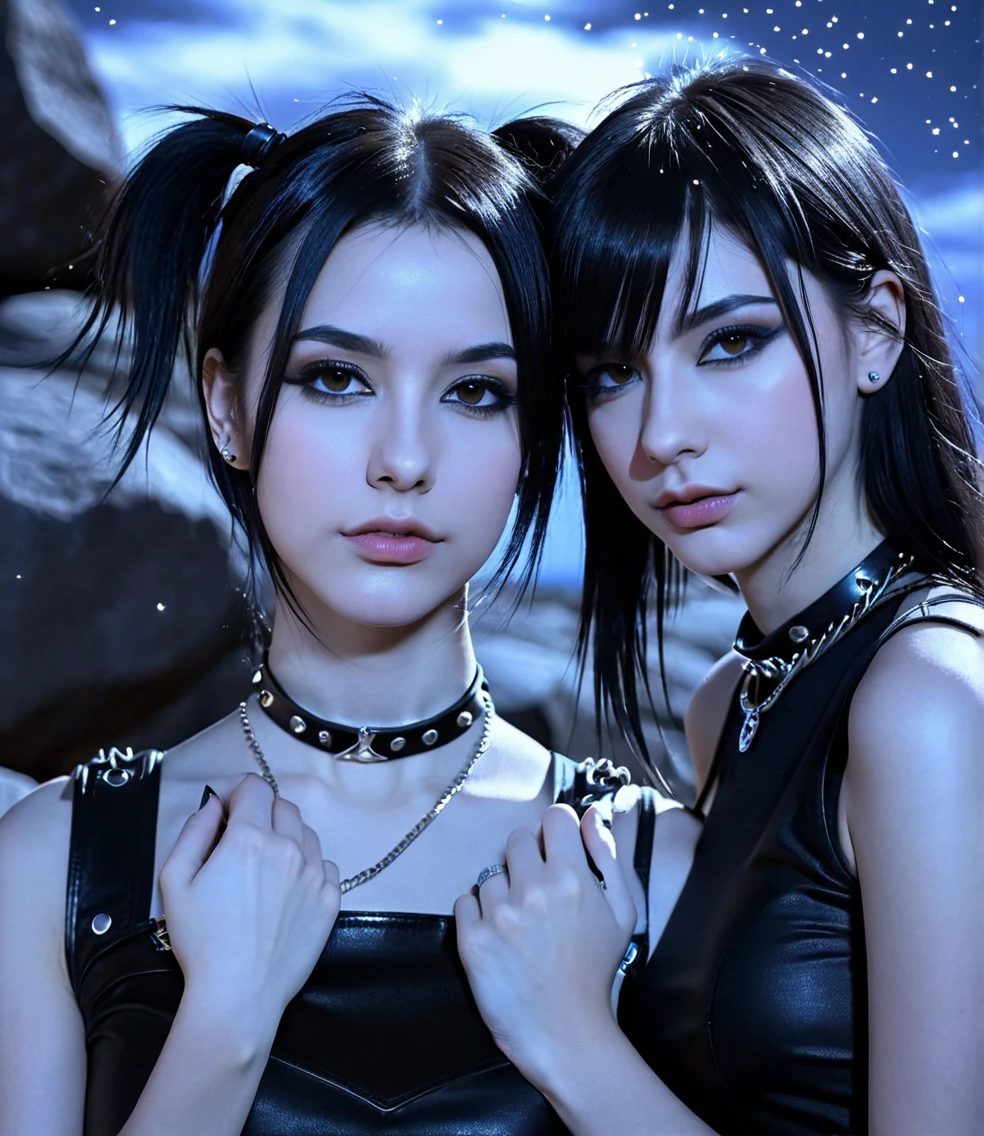 two pretty gothic punk girls at a rock  with night sky, BDSM collar, lean and slender bodies, straight black hair down to the shoulders, shoulders outside, Caucasian skin, black dark brown eyes, beautiful and young face, photo realist, professional photograpy, perfect contours, majestic and elegant women, best qualityer, hight contrast, high saturation, High- sharpness, Ablaze