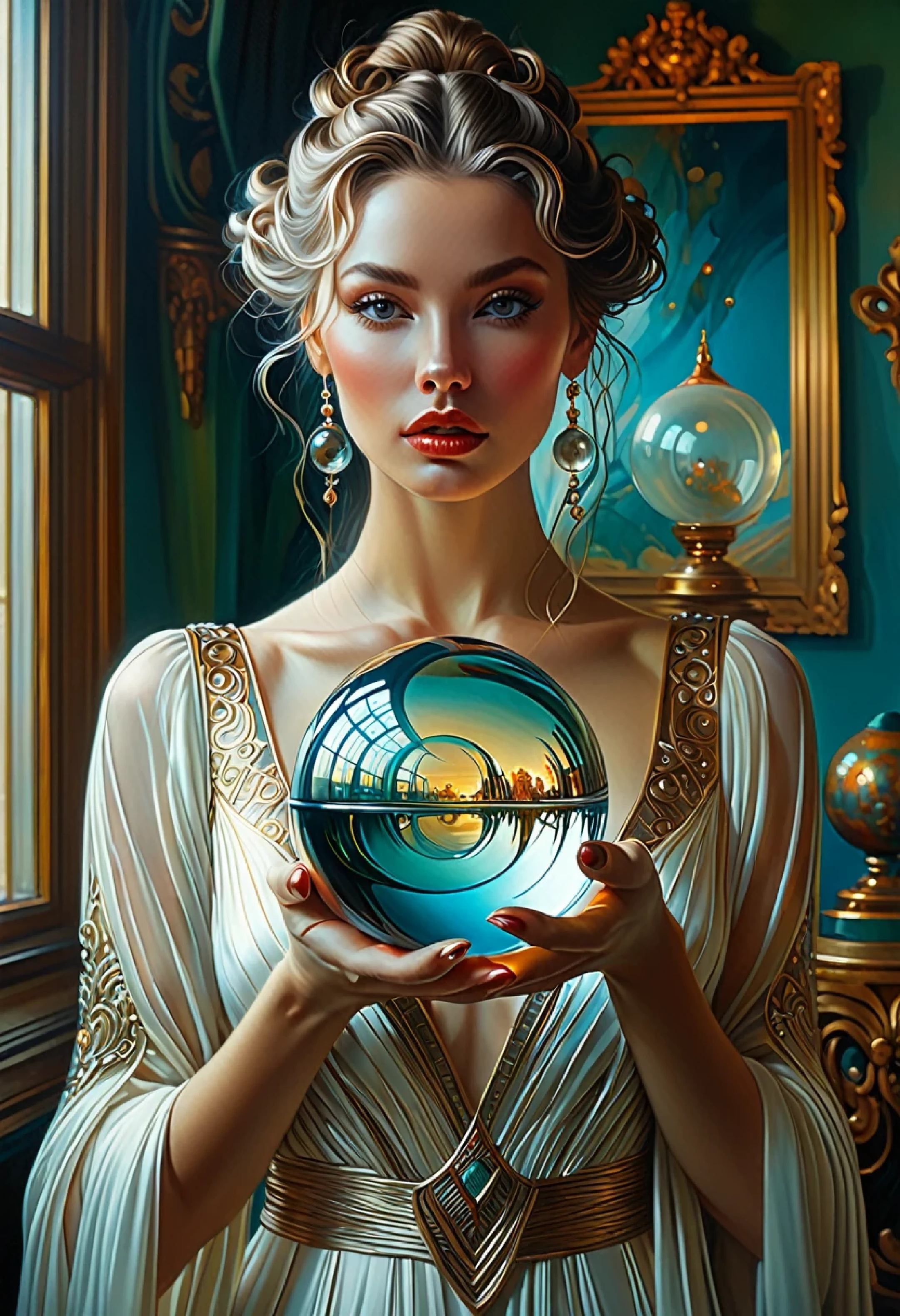 Painting of a woman, holding a glass ball in a room, karol bak uhd, Greg Beeple, Karol Buck and Peter Mohrbacher, artgerm julie bell beeple, the style of Karol Buck, fantasy oil, goddess. extremely high detail, Amano and Karol Bak, extremely detailed goddessshot, Todd Lockwood