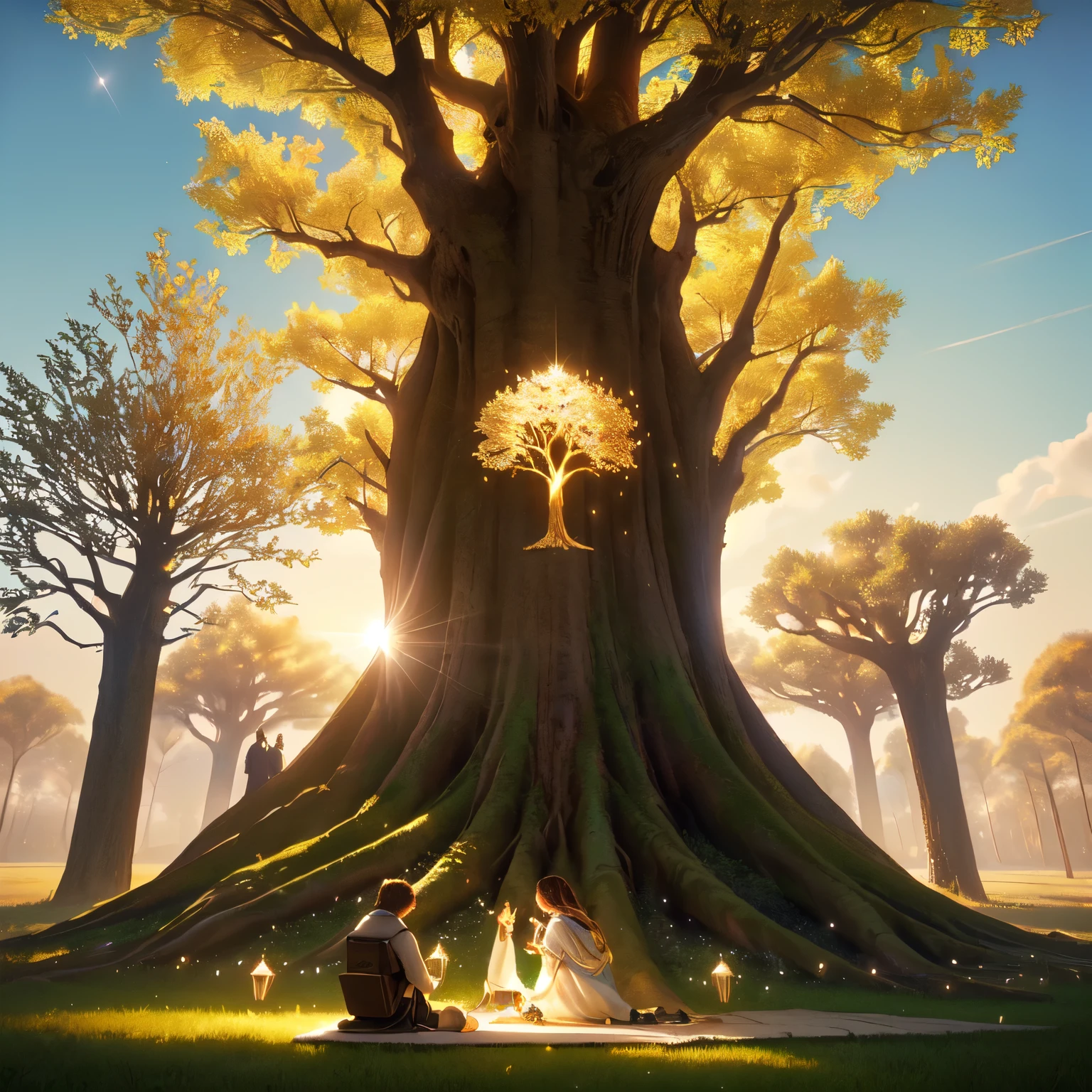 there are people sitting under a tree with a light shining on it, golden sacred tree, the oracle of trees, by Mike Winkelmann, casting a root spell, tree of life seed of doubt, the tree of life, high quality fantasy stock photo, magic tree, inspired by Mike Winkelmann, magical tree, realistic fantasy render, the world tree