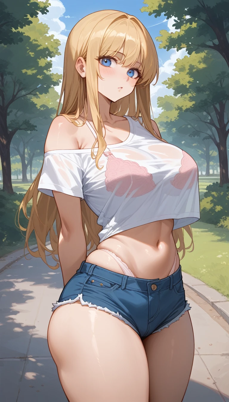 A girl with long blonde hair, huge boobs,huge ass,blue eyes , He is wearing a white t-shirt , polera One off shoulder , you can see the elastic of her bra,a small pair of shorts that are open with a button(You can see some elastic panties) ,She is standing in a park 