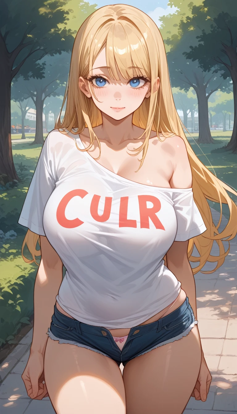 A girl with long blonde hair, huge boobs,huge ass,blue eyes , He is wearing a white t-shirt that says "Busty club" , polera One off shoulder , you can see the elastic of her bra,a small pair of shorts that are open with a button(You can see some elastic panties) ,She is standing in a park 