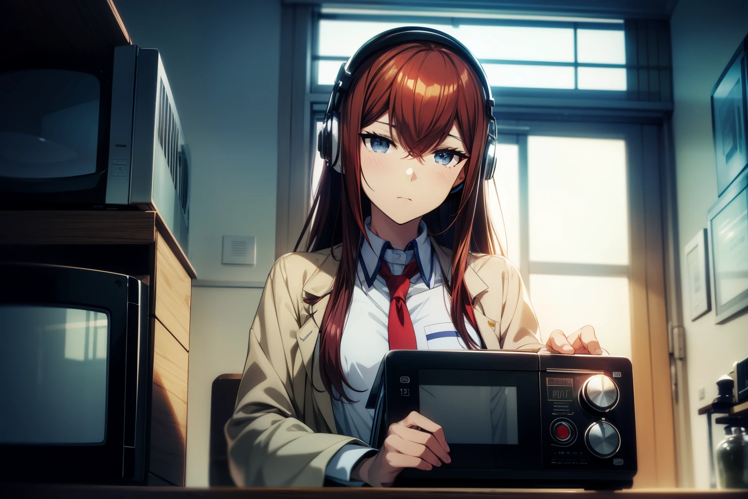 masterpiece、Best Quality、High resolution、Detailed face、((anime、anime塗り、animeカラーリング、RAW Photos)),makise kurisu,1girl, bangs, belt, blue eyes, hair between eyes, long hair, looking at viewer, makise kurisu, necktie</input></xml>, open_labcoat, blown hair, white_shirt, Alone, upper body、sitting,Depth of written boundary、Laboratory、graduate School,anime背景,(steins;GATE),(laboratory,labo,nixie tube:1.5,big_clock_gear:1.5,microwave oven:1.3,hourglass,headphones)