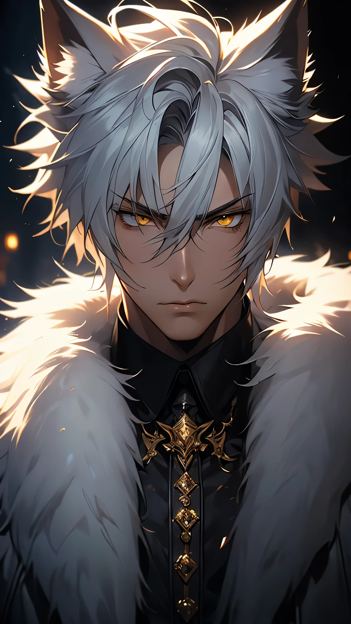 ((masterpiece)), envision a 8k, highres, cinematic, semi realistic, detailed, close up portrait of a sharp boy, slender body, white hair, mean face, yellow eyes, dog ears, animal ears, furry coat, trench coat, (((1boy))), in dark lighting, against a dark background