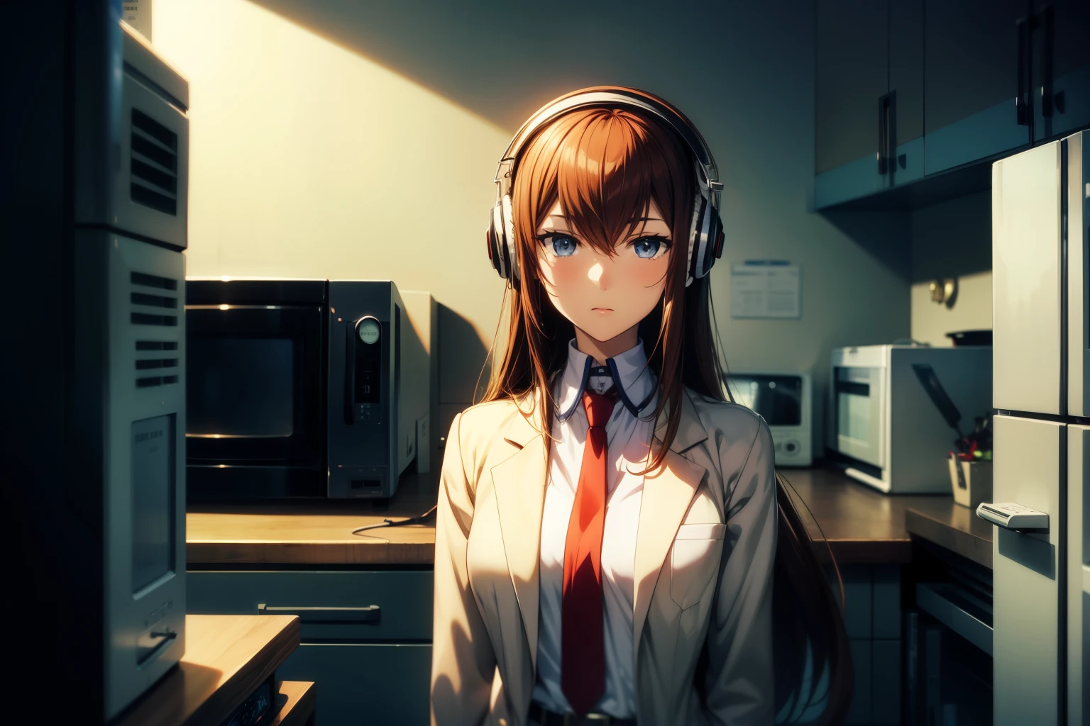 masterpiece、Best Quality、High resolution、Detailed face、((anime、anime塗り、animeカラーリング、RAW Photos)),makise kurisu,1girl, bangs, belt, blue eyes, hair between eyes, long hair, looking at viewer, makise kurisu, necktie</input></xml>, open_labcoat, blown hair, white_shirt, Alone, upper body、sitting,Depth of written boundary、Laboratory、graduate School,anime背景,(steins;GATE),(laboratory,labo,nixie tube:1.5,big_clock_gear:1.5,microwave oven:1.3,hourglass,headphones)