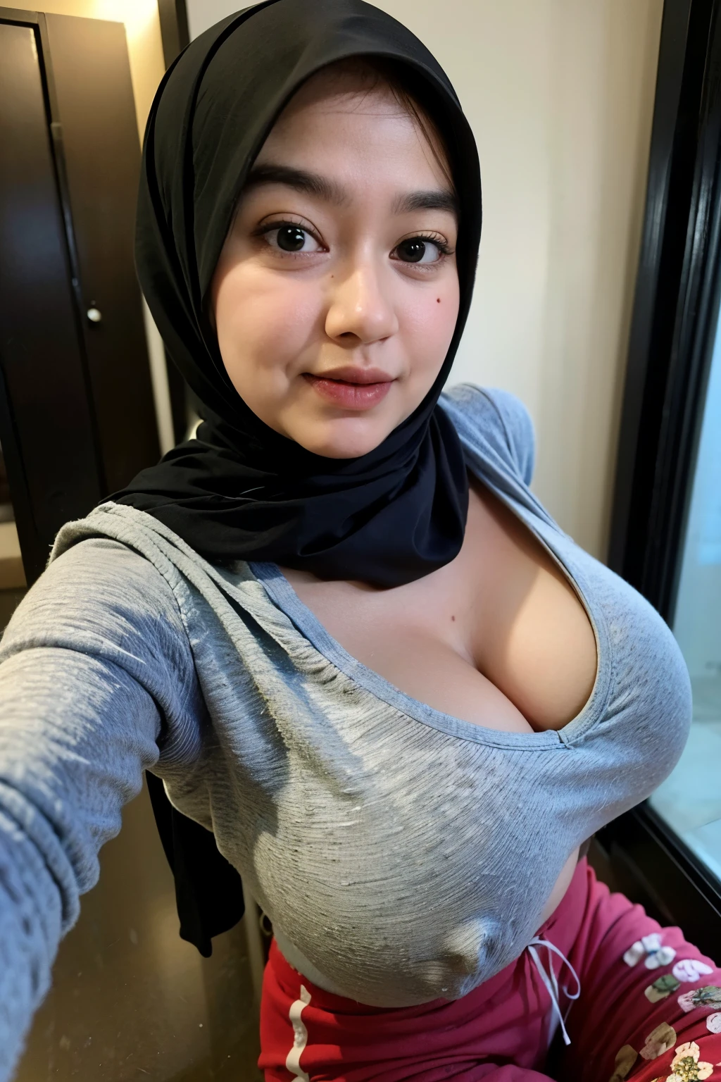 LINGERIE TOP, (telfar ugg sweatpants), (((Old lady:1.29))), Chubby adorable, 1 girl, (face to face), , baby face, happy, half body portrait, (face details: 1), (eye details: 1), ((big breasts)). wearing transparent transparency BROWN long shirt, hijab, .. Cute posed. proportional body. Ultra High Res. realistic: 1.4, UHD, (floral pattern), VIEW FROM SIDE SEDUCTIVE POSE, (((FATTY:1.4)))