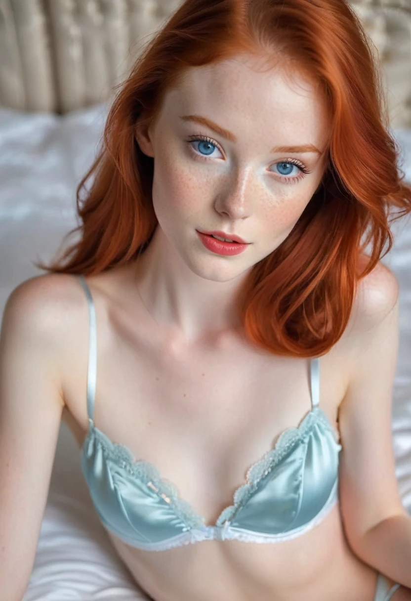 hyperrealistic, , American Sweetheart,  with red hair, square, Blue eyes, pale white skin, freckles, small lips, thin face. realistic, dressed in silk shiny lingerie, sexy photo, tiny bra, No thong, bare shoulders, sexy photo, (sitting pose), sitting on the bed, legs wide apart, young model in lingerie, goosebumps, Hard nipples