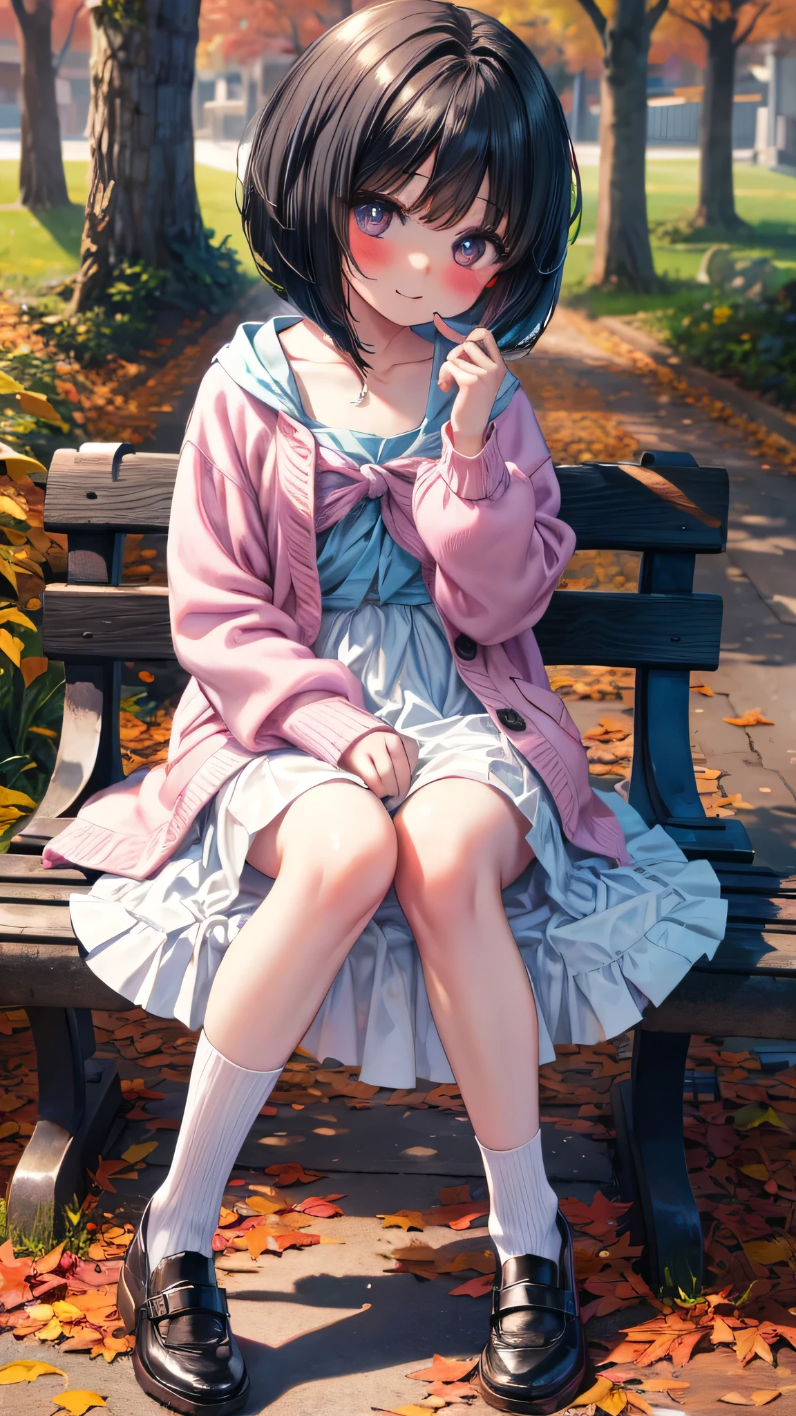 ((masterpiece, sidelighting, finely detailed beautiful eyes:1.2)), (anatomically collect:1.3), (outdoor, park, Autumn colored leaves are falling on the ground:1.3), (leaves changing autumn color:1.6), ultra-detailed, ultra high res, professional lighting, high quality makeup, beautiful detailed eyes, sexy, beautiful, big eyes, (drooping eyes:1.4), (1 :1.8), (Child:1.8), (Loli:1.8), (infant:1.8), (Small body:1.8), (flat chest:1.2), (white shirt, pink loose cardigan, long skirt:1.4), (lower elementary sh cheek:1.4), (bob cut, black hair:1.6), (Extremely cute), (extremely detailed beautiful face and body:1.2), (Authentic skin texture:1.2), beautiful hair, beautiful face, beautiful eyes, beautiful body, beautiful hands, (sitting bench:1.4), (smile)