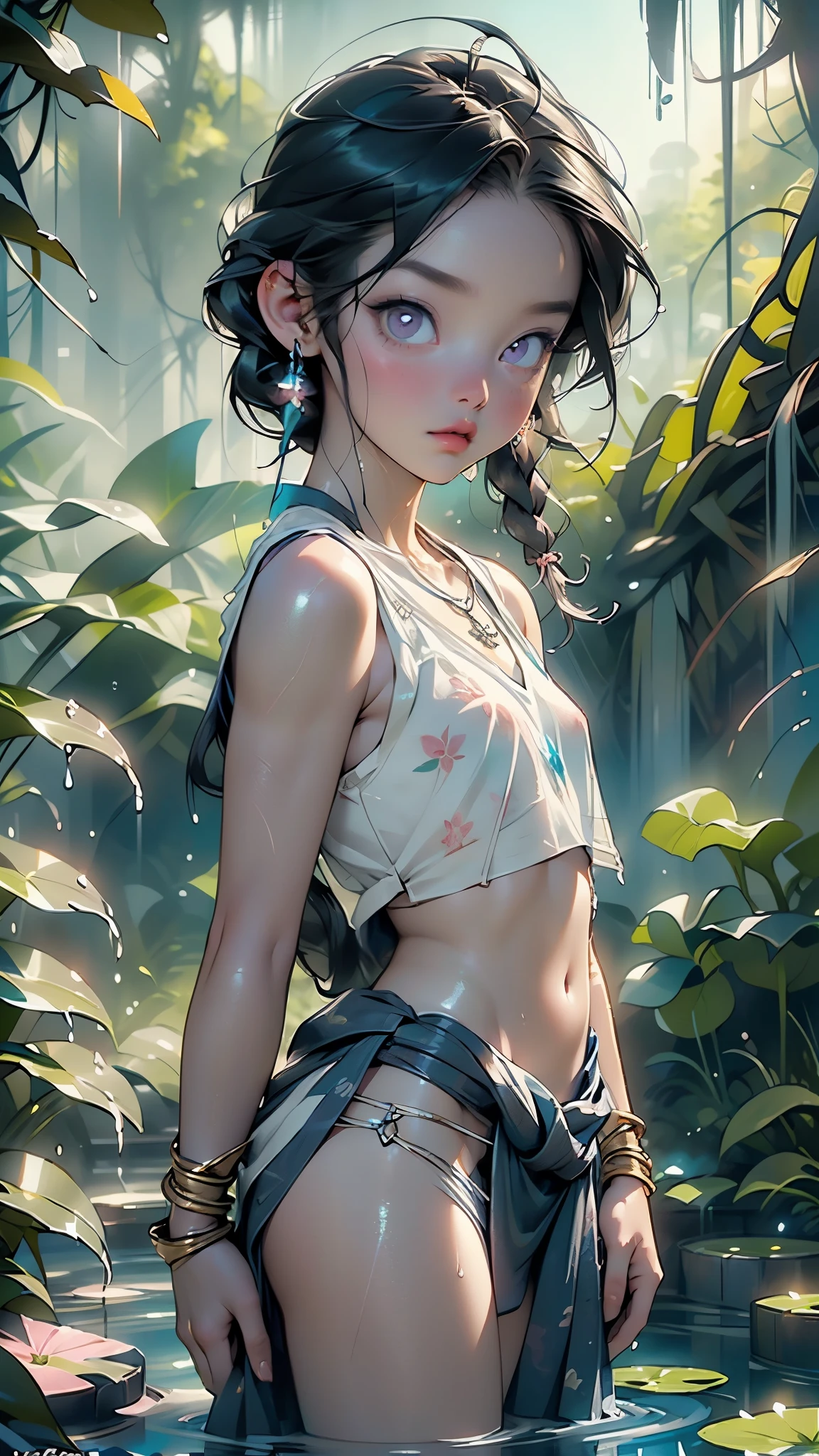 Masterpiece, high quality, high resolution, black skinned elf wearing a white loin cloth, short black pixie hair, blurred forest in the background, piercings in head, belly button, and nipple, ultra detailed face, ultra detailed body, pores body, tribalism elf tattoos, solo, girl (small breasts), curvy body, makeup, eyeliner, red cheeks, good illumination that makes the subject visible.