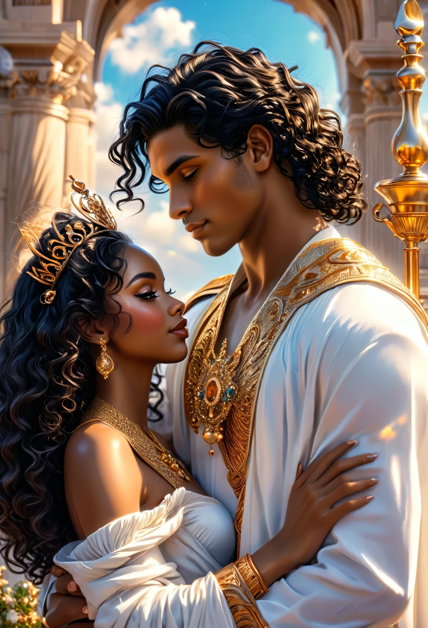 Novel in celestial letscape, wedding of (((a beautiful celest royal couple darkskin))), a young dark hair man and a young white hair woman, in 18's, a young celest pharaon veautiful with black curly hair with his (((young brown skin queen very beautiful with whitelonghair:1.7))), romantic pose, beau visage, (((beau))), visages parfaits, tout le corps, detailed face et body, Romantic scene, Voie romantique, 8K, Extremely detailed, (high quality, Realistic, photoRealistic: 1.37), tout le corps, ideal proportions et defined complexion, Meticulously designed features, inaccessible beauty, la perfection, chef Artistique&#39;ouvrages d&#39;Arts, vivid realism, sculptures hyper detailedes, nude1.8, small breast,formes Realistics, vraiment impressionnant, Un savoir-faire impeccable, pure shine, ethereal beauty, Delicate contours, Poses frappantes, sublime beauty, nuances subtiles, compositions dynamiques, couleurs vives, Perfect lighting, Expressions en mouvement, Celestial aura, Majestic presence, Ambiance onirique, rendu d&#39;octane detailed inégalé, tendance sur Artstation, Photographie Artistique 8k, photoRealistic concept Art, naturel, doux, Volumetric cinematic perfect light, clair-obscur, Award-winning photography, chef-d&#39;ouvrages d&#39;Art, beau, detailed, complexe, incroyablement
