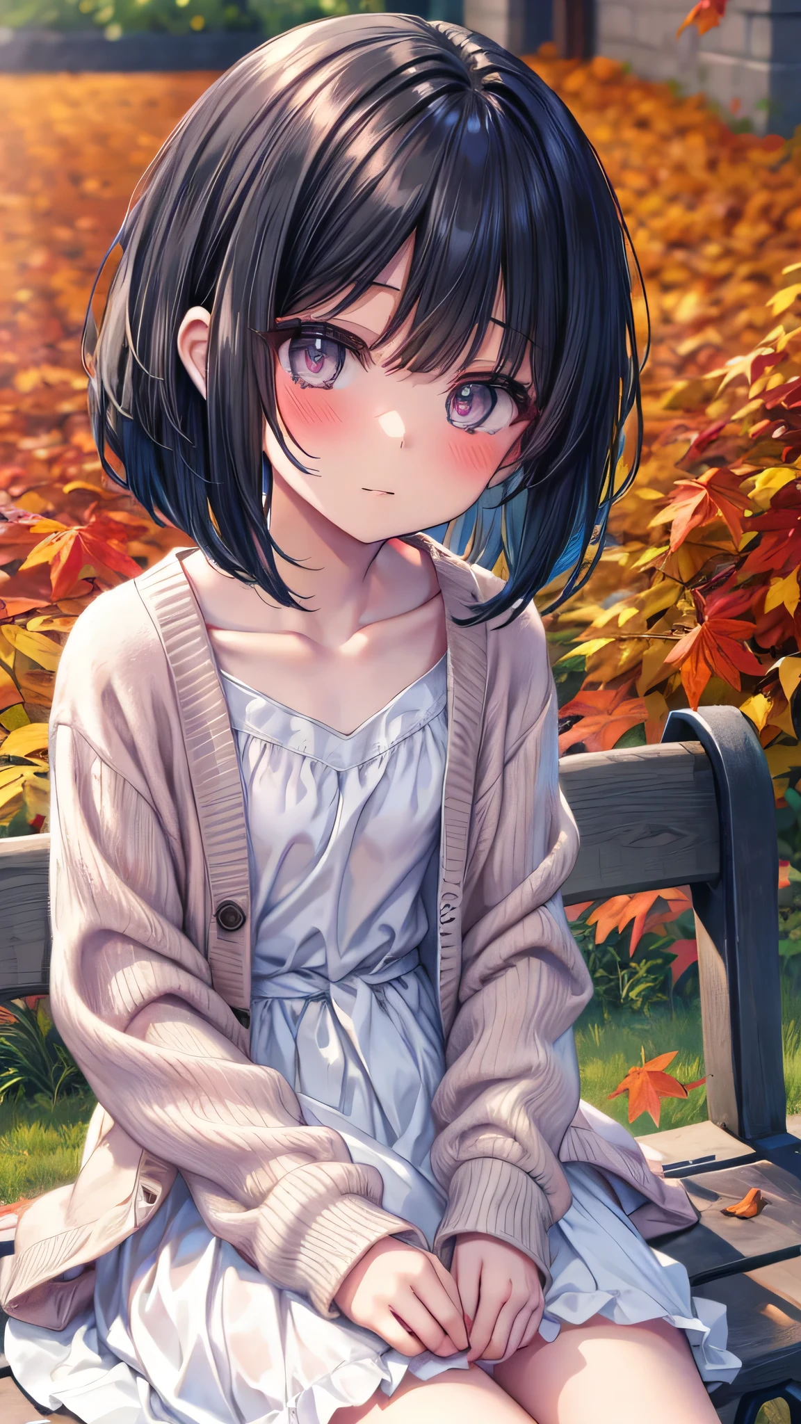 ((masterpiece, sidelighting, finely detailed beautiful eyes:1.2)), (anatomically collect:1.3), (outdoor, park, Autumn colored leaves are falling on the ground:1.3), (leaves changing autumn color:1.6), ultra-detailed, ultra high res, professional lighting, high quality makeup, beautiful detailed eyes, sexy, beautiful, big eyes, (drooping eyes:1.4), (1 ***********:1.8), (Child:1.8), (****:1.8), (infant:1.8), (Small body:1.8), (flat chest:1.2), (white shirt, pink loose cardigan, long skirt:1.4), (lower elementary school student:1.8), (blush cheek:1.4), (bob cut, black hair:1.6), (Extremely cute), (extremely detailed beautiful face and body:1.2), (Authentic skin texture:1.2), beautiful hair, beautiful face, beautiful eyes, beautiful body, beautiful hands, (sitting bench:1.4), (smile)