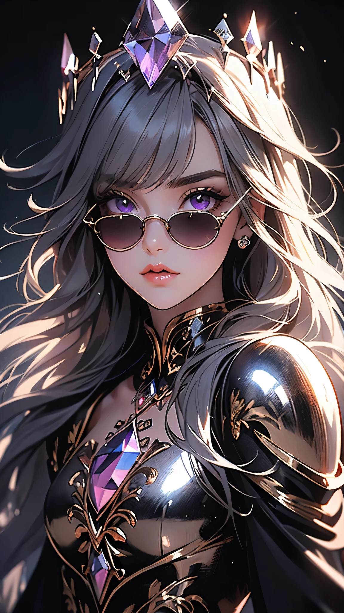 ((Masterpiece)), envision a 8k, highres, cinematic, extremely beautiful semi realistic close up portrait of a beautiful girl with a cute face, slender body, ((gray hair)), side locks, choppy bangs, round face, long sweeping bangs, purple eyes, soft lips, lip gloss, thick eyebrows, round face, ((round sunglasses)), jumpsuit, crystal armor, crystal chestpiece, crystal crown, ((((1girl)))), in dark lighting, against a dark gray background