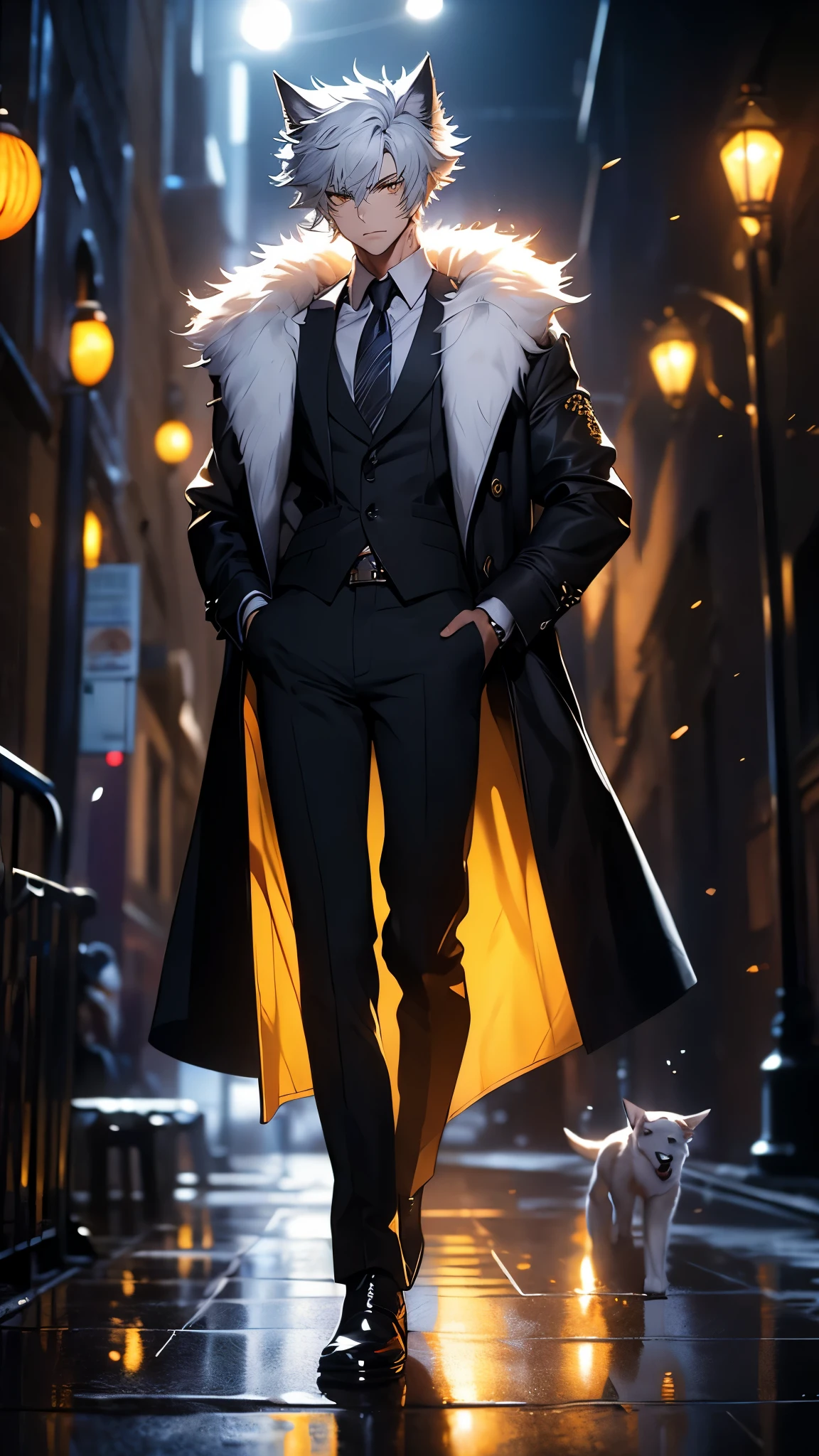 ((masterpiece)), envision a 8k, highres, cinematic, semi realistic, detailed, full body pinup of a sharp boy, slender body, white hair, mean face, yellow eyes, dog ears, animal ears, furry coat, trench coat, pants, boots, (((1boy))), in dark lighting, against a dark background