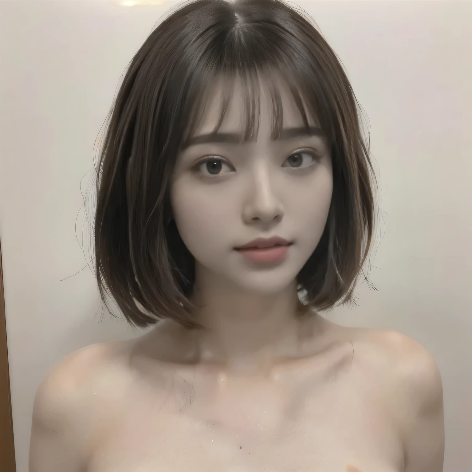 ,(Highest quality}, {{masterpiece}}, {{1girl::18 yo:{{Double large eyes,,mascara}}:, {{whole body, naked, nude, naked}},{Nipple,Vagina} , {{neat hair With bangs}}, {{With bangs}}, , {{Short Hair With bangs}},