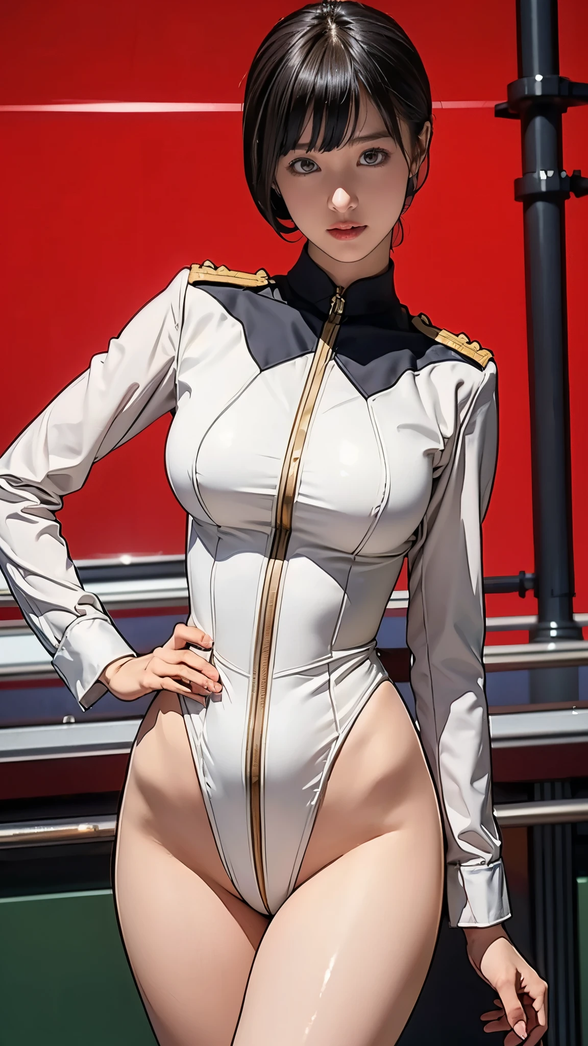 -yeld giSide view、Earth Federation Operator Girl Soldier、Black short hair、Idol-level cuteness、Childish face and appearance、Accurately drawn faces、thin、(leotard:1.3)、Earth Federation Military Uniform、White uniform、(A uniform that fits the body:1.3)、Very thin thighs、Inside the bridge of a battleship、Low angle shot、Anatomically correct、Accurate Fingers、Accurate Rimbuster Piece、Photorealization