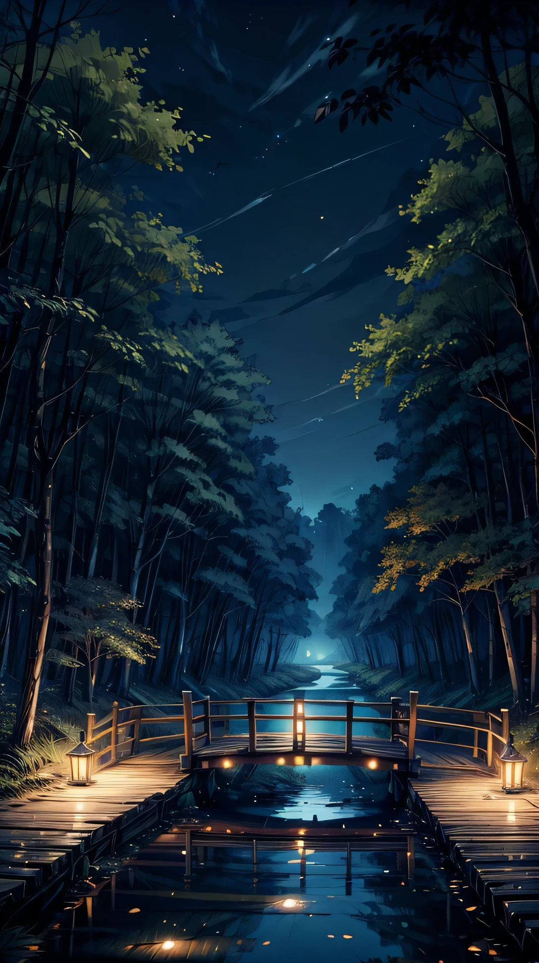 A wooden bridge crossing a quiet stream, with fireflies glowing around. 