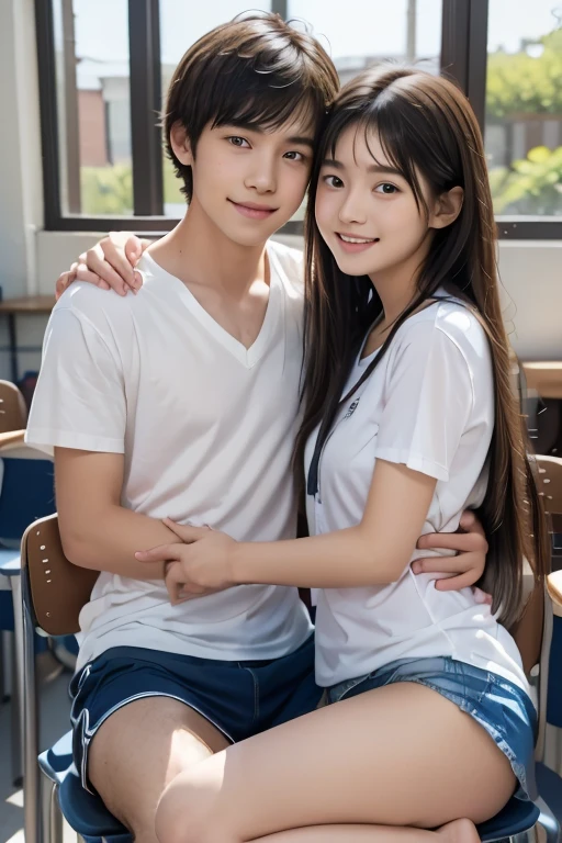 １５age,A male and female couple embrace each other in a face-to-face sitting position in a summer school classroom,The man and woman have had sex and are looking at the camera with a relaxed expression.,Thick pubic hair