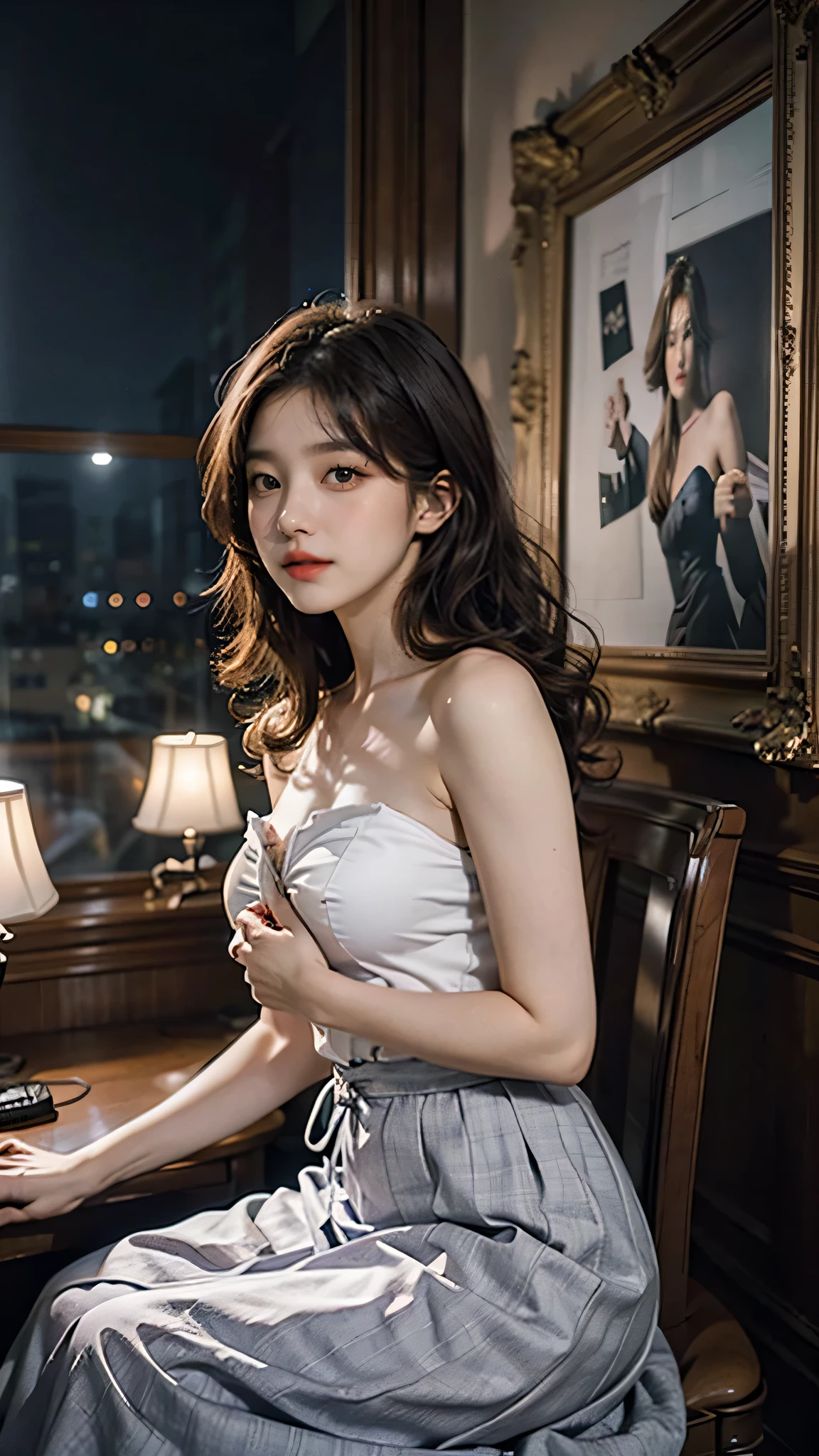 （8K、High resolution、High resolution、realistic eyes、Detailed details）、bright hair color、korean idol、18-year-old、natural makeup、no background、soft curly hair、Decorated silk dress、cabaret club、white dress、long dress