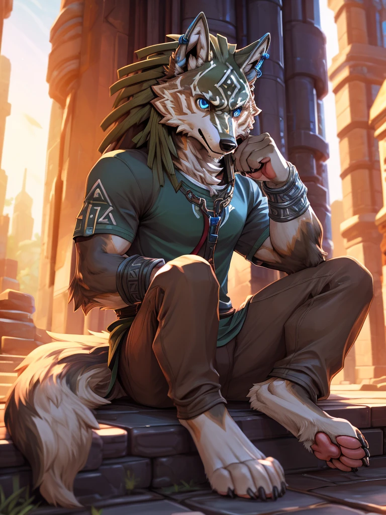 solo,(wolf link),tail,handsome,toe claws,digitigrade,sitting ,lowleg,pink pawpads,pants,t-shirt,clothing details,Cinematic Lighting,cirrocumulus_stratiformis,perfect lighting,(best quality),(masterpiece),(ultra detailed),sharp focus,(detailed eyes),depth of field,