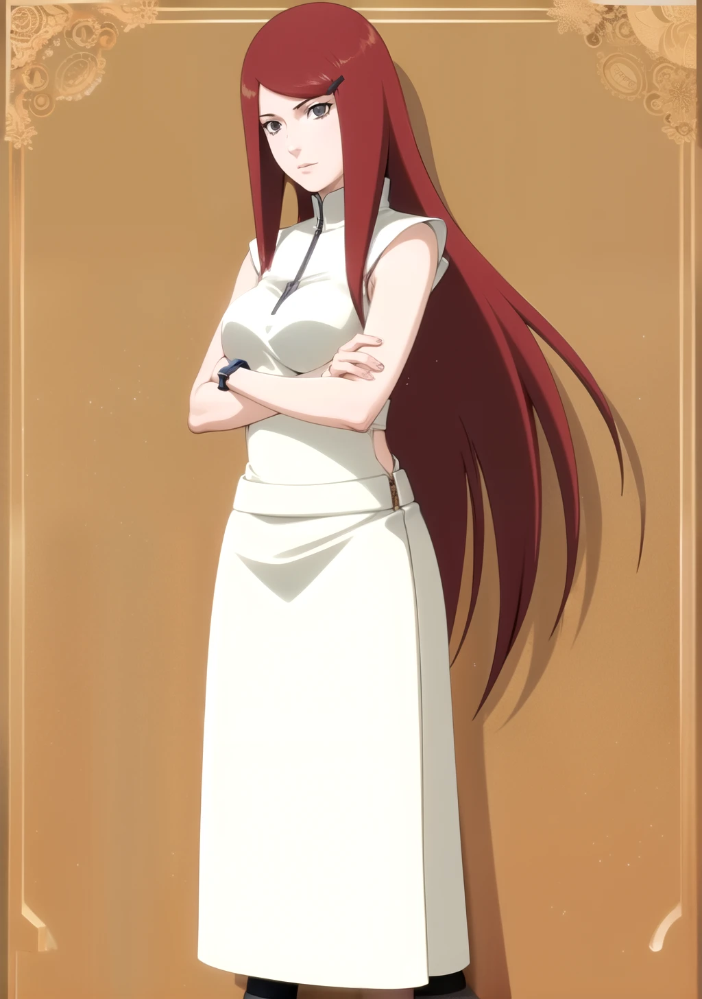 Kushina,girl, Red Hair, Delicate face, Intricate details, Married Woman,Wear a white skirt,Full body photo,,