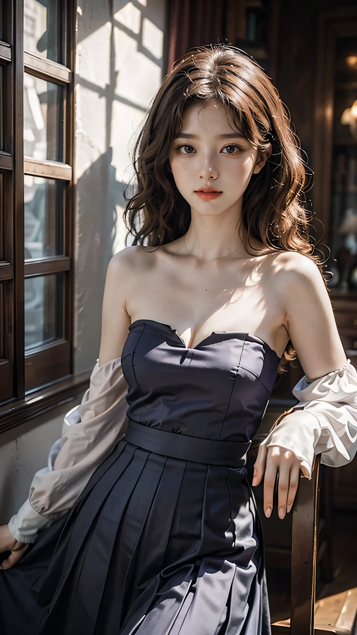 detailed background, masterpiece, best quality, 1 person , curly hair, long hair, purple eyes, star in eye , yellow-green mix color Strapless blouse, long skirt