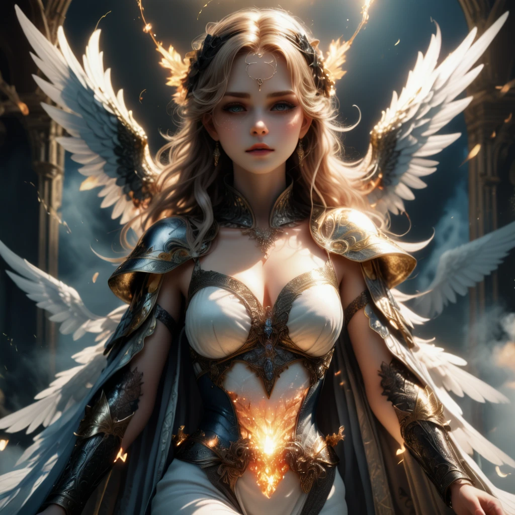 Winged Greek goddess of wrath and punishment, Nimimis, silber hair, In long Greek Toga, Cool beauty, Looks stern and ruthless, Fly with wings in the starry sky, greek myth, solemn atmosphere, Description of the Ultrra precise pointer, Photorealistic, Super detail, Masterpiece, Best quality, A high resolution, 8K，armour