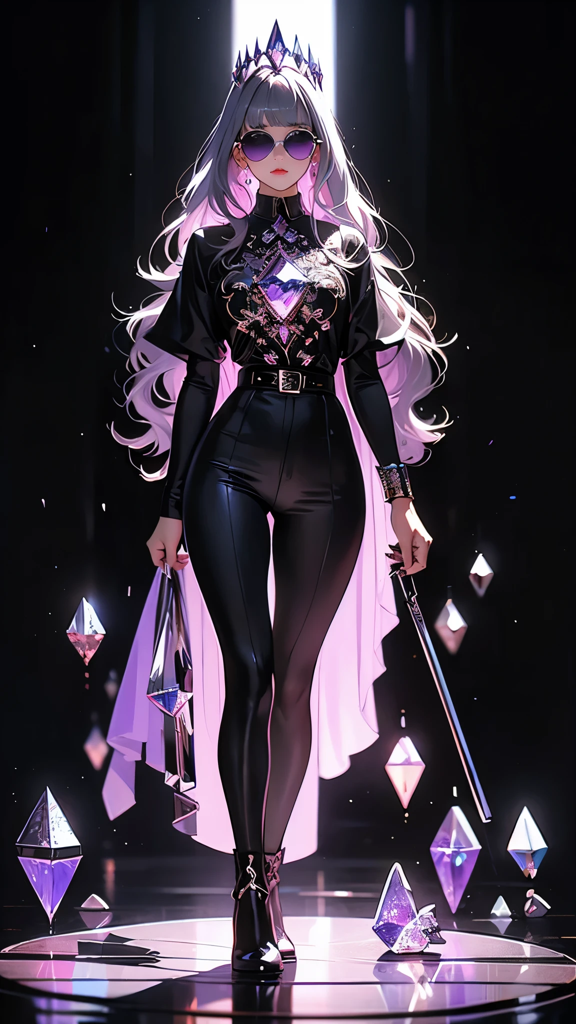 ((Masterpiece)), envision a 8k, highres, cinematic, extremely beautiful semi realistic full body pinup of a beautiful girl with a cute face, slender body, ((gray hair)), side locks, choppy bangs, round face, long sweeping bangs, purple eyes, soft lips, lip gloss, thick eyebrows, round face, ((round sunglasses)), jumpsuit, crystal armor, crystal chestpiece, crystal crown, combat boots, crystal belt, ((((1girl)))), in dark lighting, against a dark gray background