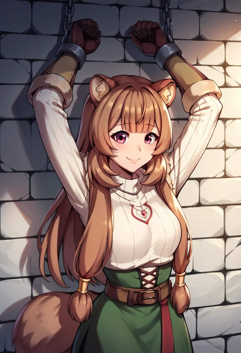 score_9, score_8_up, score_7_up, score_6_up, score_5_up, score_4_up, source_anime, 1girl,raphtalia, raphtalia, long hair, bangs, brown hair, animal ears, raccoon ears, raccoon girl, smile, long sleeves, sweater, shoulder armor, breastplate, ribbon, red ribbon, gauntlets, glove, brown gloves, belt, armor,  w-w-chain, shackles, raise arms, clean hair, day, wall, dungeon, best quality, best res, 4K UHD,
 