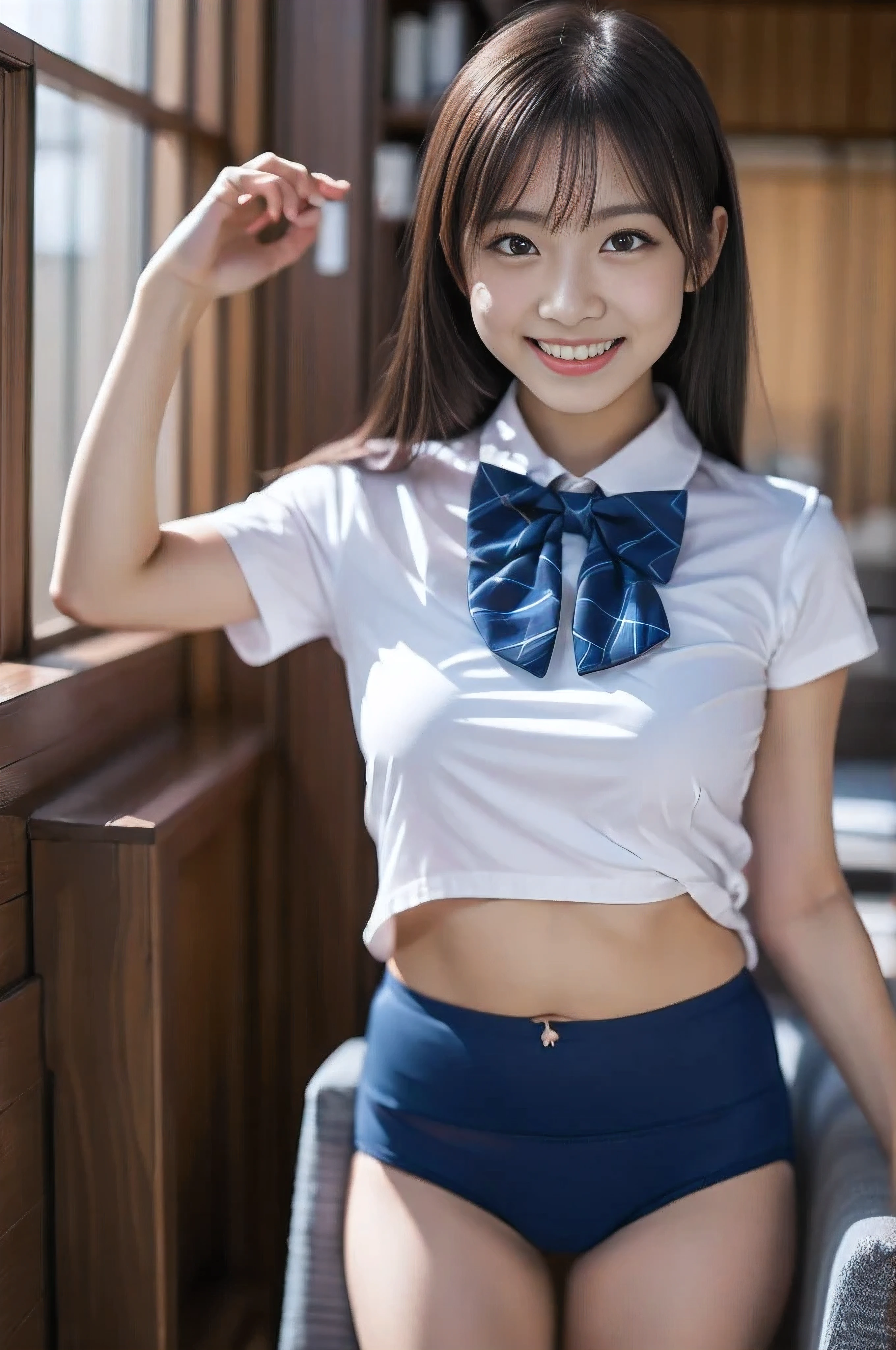 (4k, High Definition, High Definition, Masterpiece), (brighten), (realistic), (subject centered, symmetrical), (head to crotch), (same clothing: 2.0), School Classrooms, standing, two Girls, dark hair, baby face, smiling, Bow tie, white short-sleeved shirt, navy blue panties, crotch beautiful