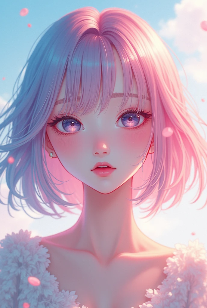 score_9, score_8_up, score_7_up,source_anime, high res image,masterpiece,best quality,girl,cute face,clear skin,white hair,short hair,pink eyes,inner_hair_pink,cleavage,