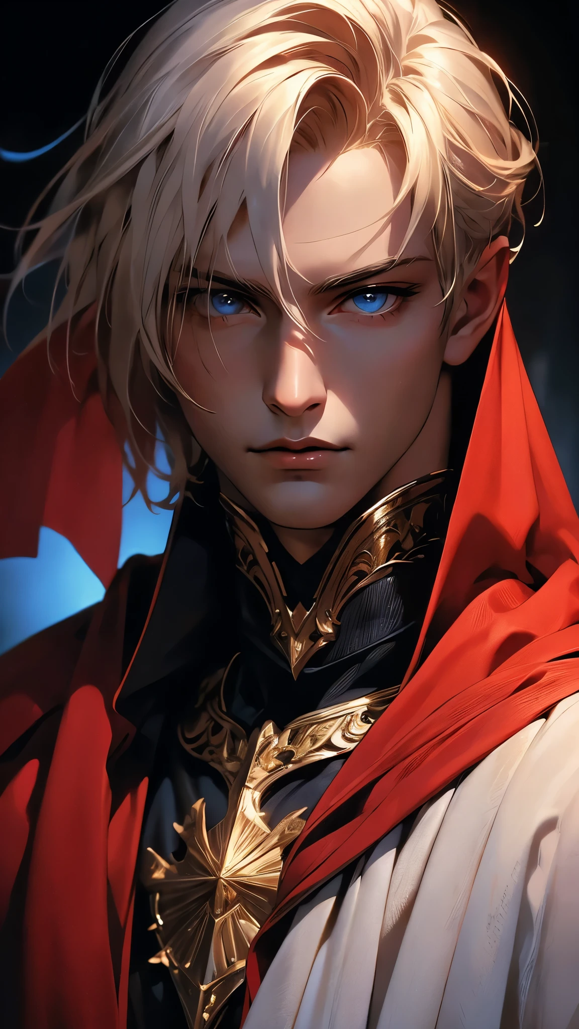 ((masterpiece)), envision a 8k, highres, cinematic, semi realistic, detailed, close up portrait of a sharp man, slender body, blonde hair, blue eyes, crusader armor, red cape, robe, metal armor, knight, (((1boy))), in dark lighting, against a dark background