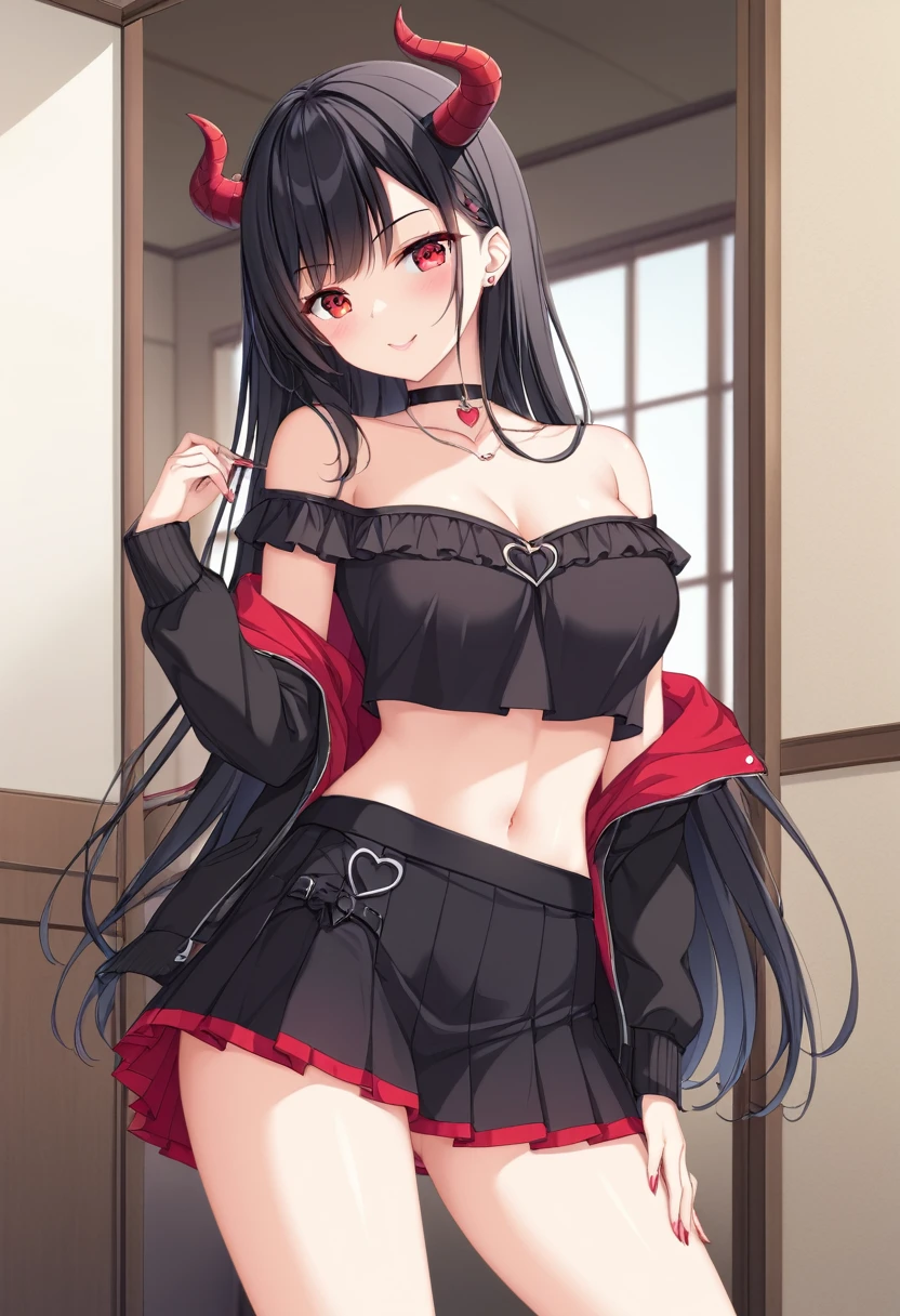 Standing posture、Beautiful eyes、Black Hair、high resolution、Short skirt、Off-the-shoulder clothing、Devil horns、tooth、Devil&#39;s Tail、Medium chest