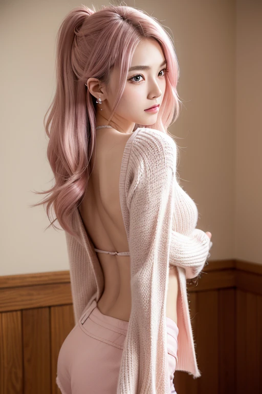 a girl with small breasts stands naked to the waist on a yarn in a beautiful thong with pink hair, her head tilted back beautiful ass curves Detailed realistic masterpiece in high resolution 4k:1.2, UHD