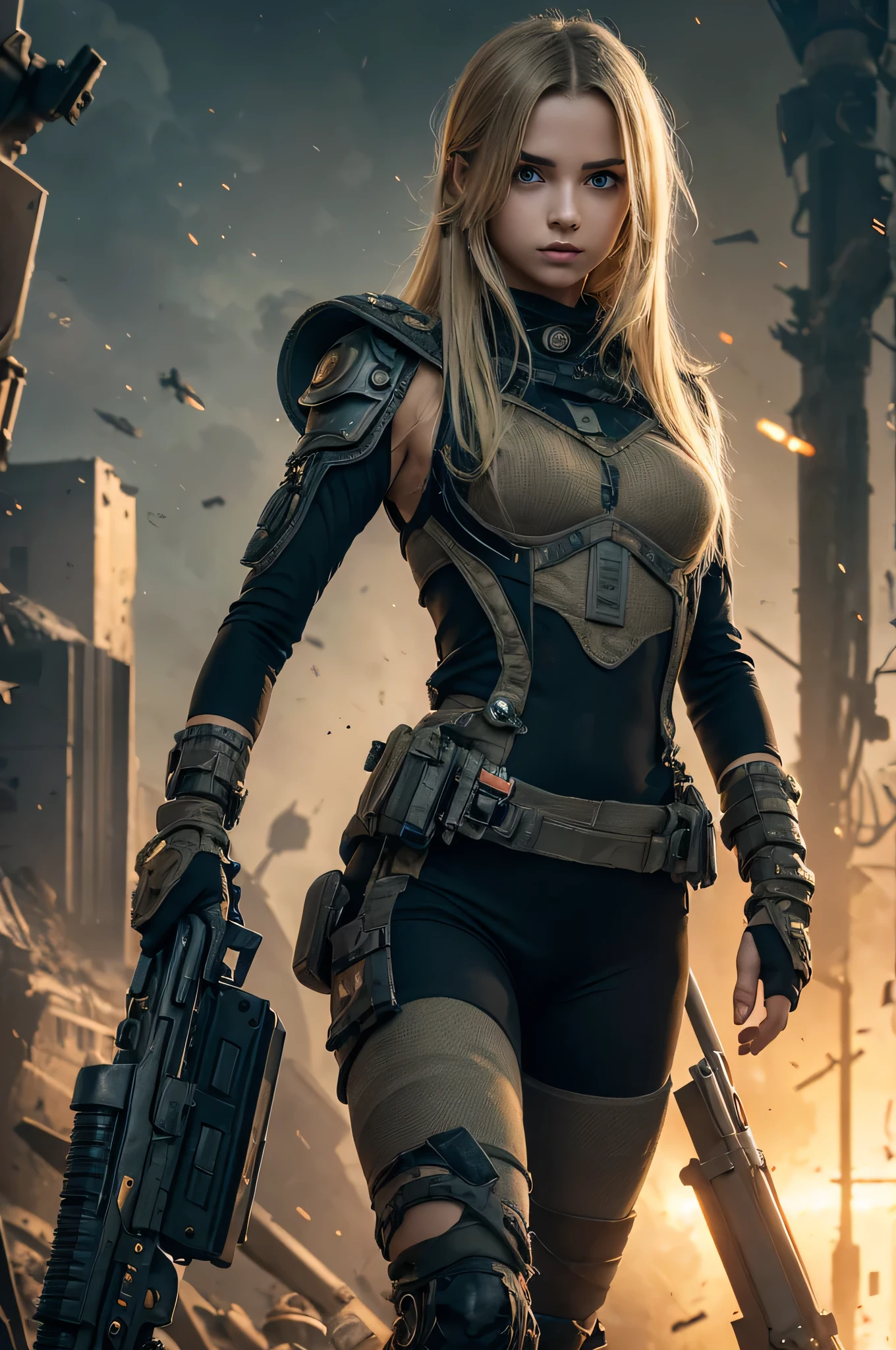 Destroyed towns,ukrainian girl , Ukrainian anime girls , , Ukraine ,  Full body composition of young girl with messy bright blonde hair, eye make up, ,  Soft lighting, Solo, Old torn dirty shabby futuristic military uniform, badges, Pose, Blotch color, Octane Render, Hyperrealistic intricate detail, Cinematic, 8K resolution, 70mm, Accent Lighting, Global Illumination, Full body portrait, clean detailed faces, intricate clothing, Cute face, flat chest, Slim waist, Slim legs, small hips,Wearing a thick steel combat suit,Combat helmet,Holding the Gatling gun in your hand,