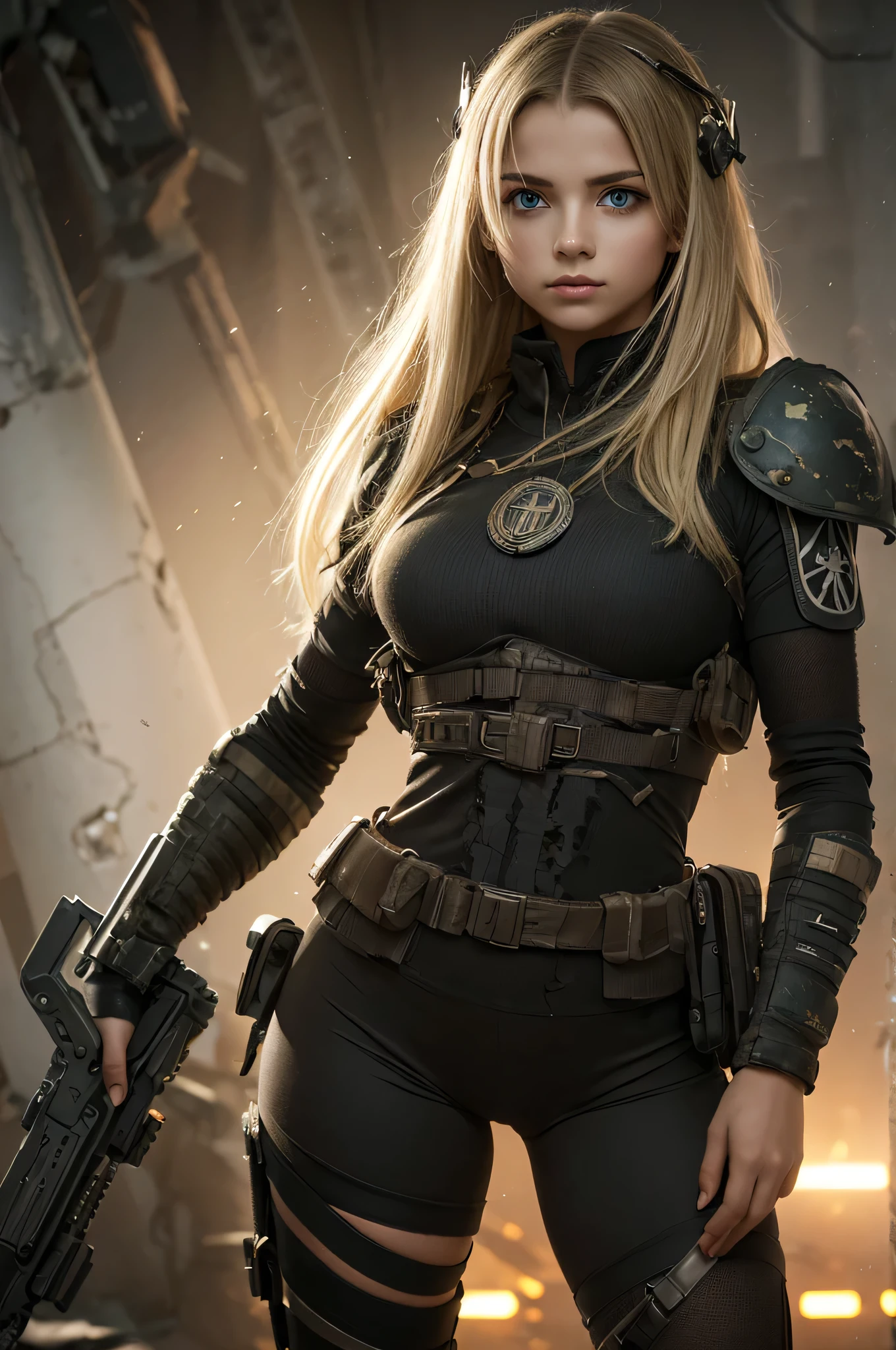 Destroyed towns,ukrainian girl , Ukrainian anime girls , , Ukraine ,  Full body composition of young girl with messy bright blonde hair, eye make up, ,  Soft lighting, Solo, Old torn dirty shabby futuristic military uniform, badges, Pose, Blotch color, Octane Render, Hyperrealistic intricate detail, Cinematic, 8K resolution, 70mm, Accent Lighting, Global Illumination, Full body portrait, clean detailed faces, intricate clothing, Cute face, flat chest, Slim waist, Slim legs, small hips,Wearing a thick steel combat suit,Combat helmet, exposed body