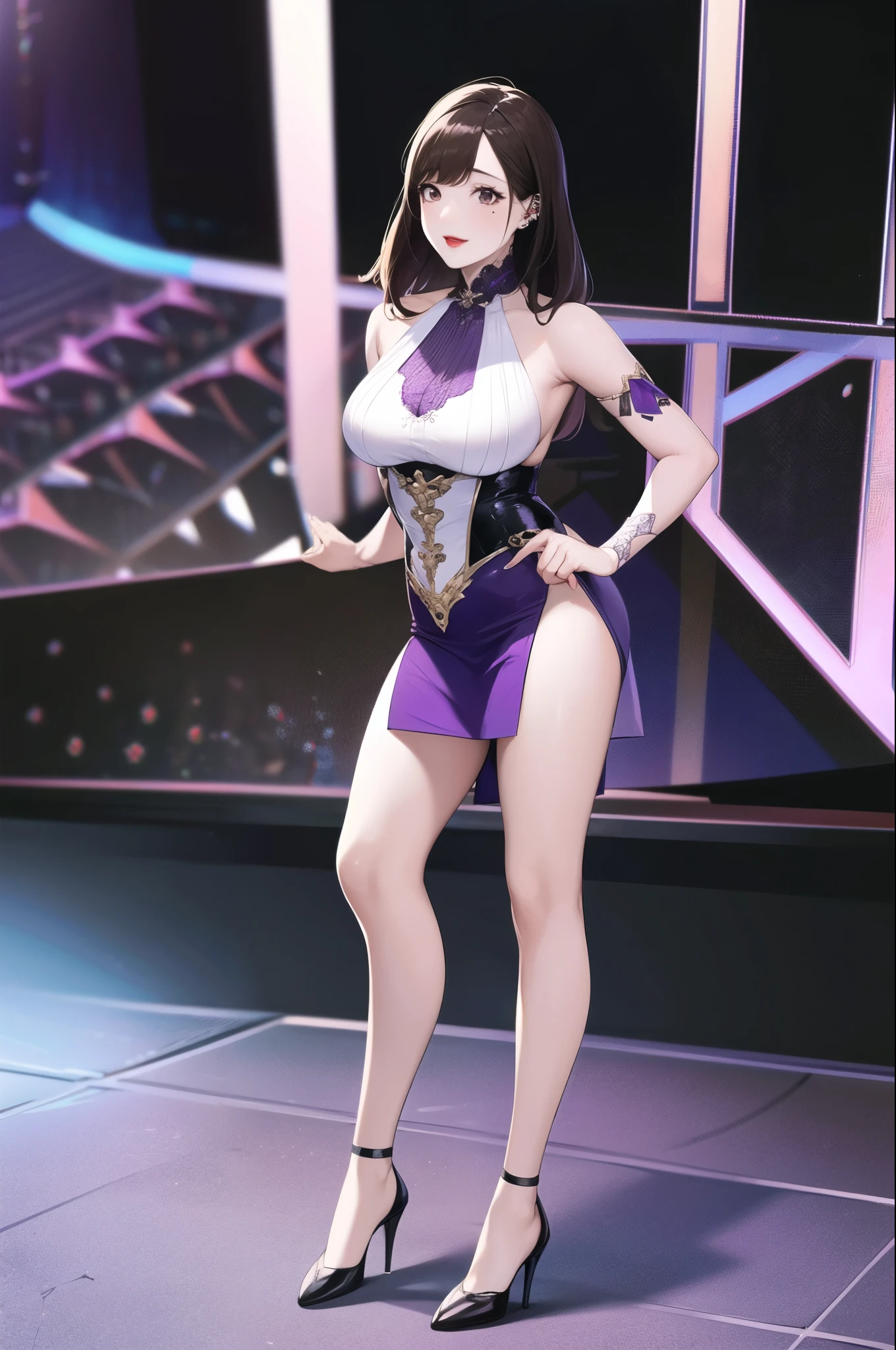 HDR,Ultra high definition,8k,Very detailed,Top quality,masterpiece,1 woman,Alone,mature woman, white skin,Tall,Red lips, moles under the eyes, check the head,bangs,brown eyes,slightly large breasts,information,model, ( Frontal shots,laugh,), Concert, (Purple Natsy Stage Costume:1.3),Black mini skirt Stand up straight with your hands slightly apart and look straight ahead,((whole body:1.5)) ,Line drawing with clear outlines