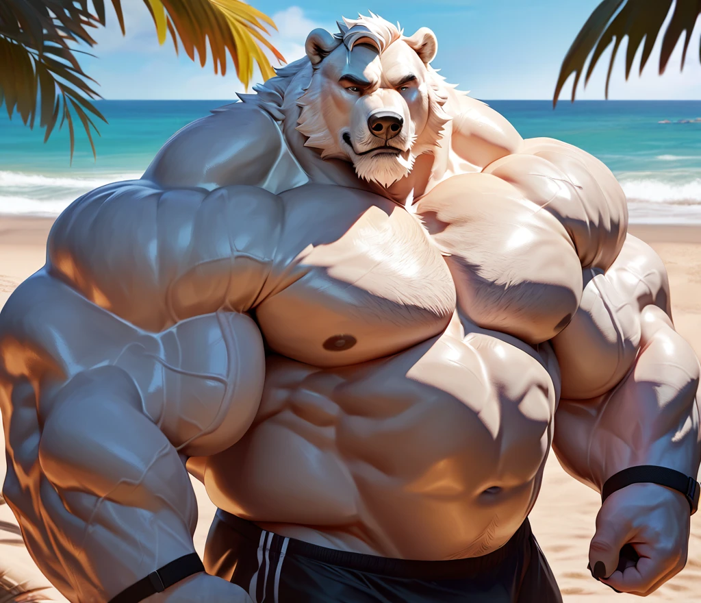 a huge muscular furry Grizzly bear old man swimming in sea, huge shoulder muscle , shirtless, muscle, strong man, strong bear, huge muscle, short hair, bearded, white hair and beard, , thick heavy brown fur, wrinkles skinned, strong muscle, strong and intimidated, masterpiece, muscular, commission for high res, male, fantasy art, very very beautiful art, art painting , painting art