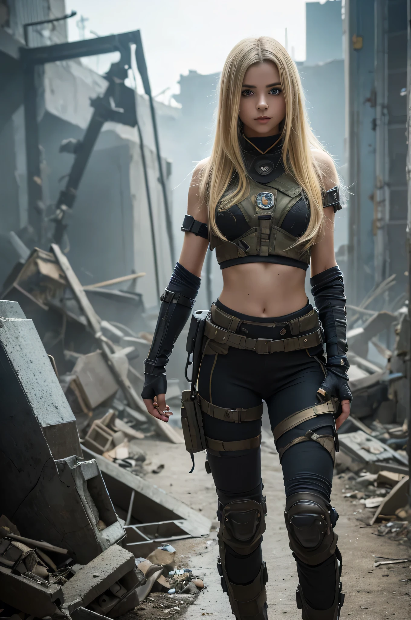 Destroyed towns,ukrainian girl , young Ukrainian anime girls , , Ukraine ,  Full body composition of young girl with messy bright blonde hair, eye make up, ,  
Soft lighting, Solo, Old torn dirty shabby futuristic military uniform, badges, Pose, 
Blotch color, Octane Render, Hyperrealistic intricate detail, Cinematic, 8K resolution, 70mm, Accent Lighting, Global Illumination, 
Full body portrait, clean detailed faces, intricate clothing, Cute face, flat chest, Slim waist, Slim legs, small hips,Wearing a thick steel combat suit,Combat helmet, exposed stomach, cleavage, bare shoulders.