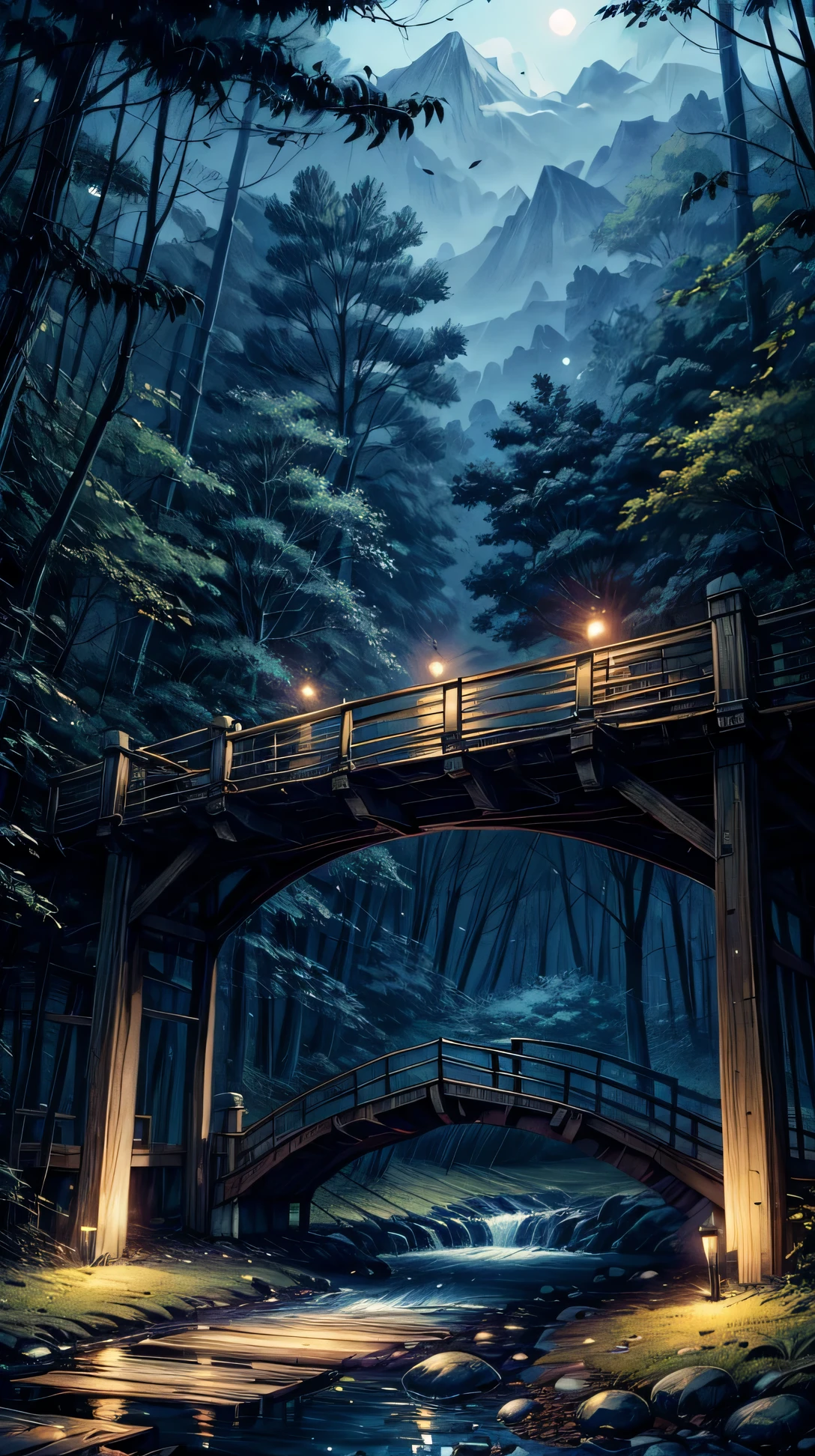 A wooden bridge crossing a quiet stream, with fireflies glowing around.