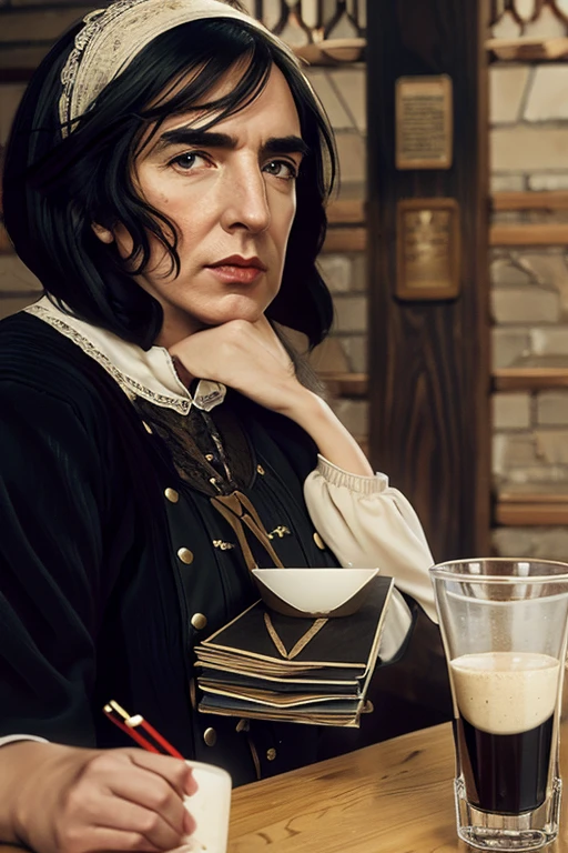 SNAPE ALAN RICKMAN MAN AND WOMAN a woman with long flowing black hair, piercing eyes, a prominent unibrow, rosy cheeks, wearing headphones, wearing a Victorian-style vest and lace collar, sitting in a nighthawks diner, (best quality,4k,8k,highres,masterpiece:1.2),ultra-detailed,intricate details, striking colors, dramatic lighting, stallintheunicow, brushy, painterly girl sipping smoothy, red, black, white, long black hair, bangs, unibrow, thick eyebrows, freckles, big nose, aquiline nose, hairband, dress, stripes, big ears, girl, rosy cheeks, red lips,stallintheunicow aoife