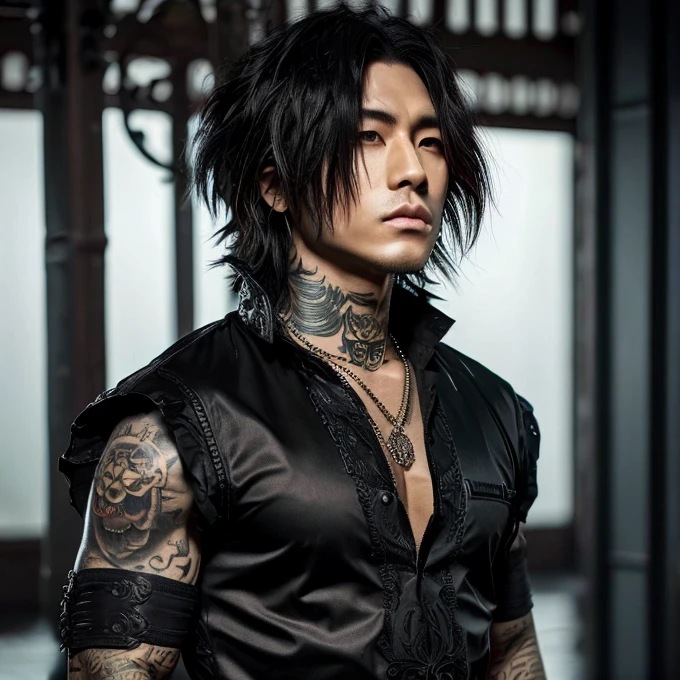 1 man, Japanese man, male, Asian eyes, muscular, broad shoulders, yakuza tattoos, hairstyle Visual Kei style, hair Visual Kei, black men's shirt and black pants, ultra detailed face, hyperrealistic, realistic representation, long hair, long hair, 30 years old, age 30 years, blonde hair