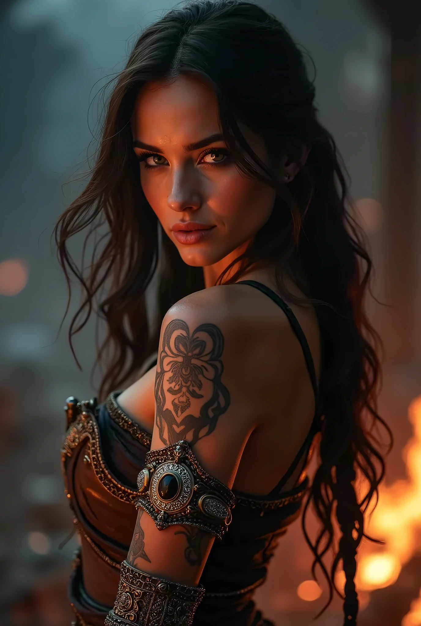 Highly detailed images,masterpiece,Best Quality,Ultimate realism with attention to detail,A beautiful woman emerges from the darkness,In a very wicked city in the 60s,Beautiful woman with thick black fur,Sharp red eyes that glow in the dark,A dark, throaty growl,Preparing for Attack,The right profile,Waxed Mouth,Glare,Fur and body scars and signs of pack fighting,Ancestor pendant worn around the neck,Metal parts