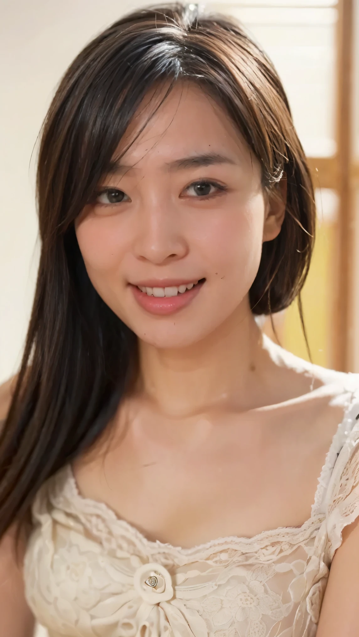 A beautiful 21 year old Japanese woman, idol de Kpop, smiling for the photo and posing