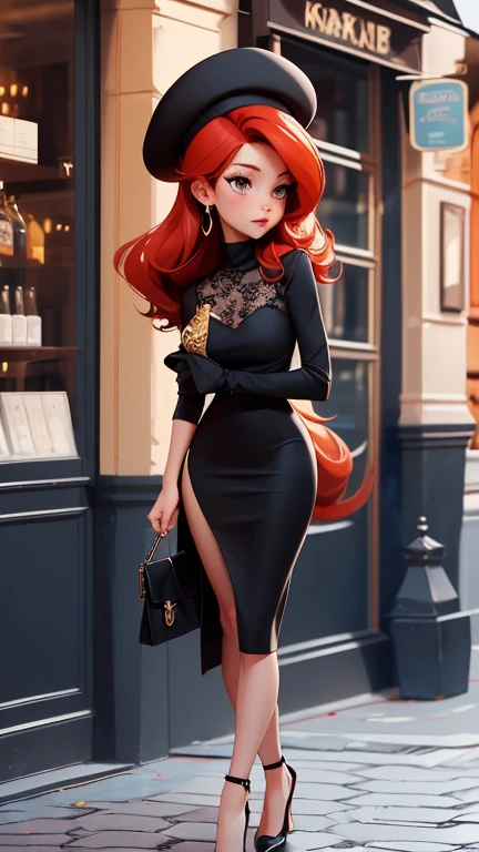 A pretty red haired woman with red eyes and an hourglass figure in a pretty summer dress is walking with a stunning black haired woman with brown eyes with an hourglass figure in a park with a big smile