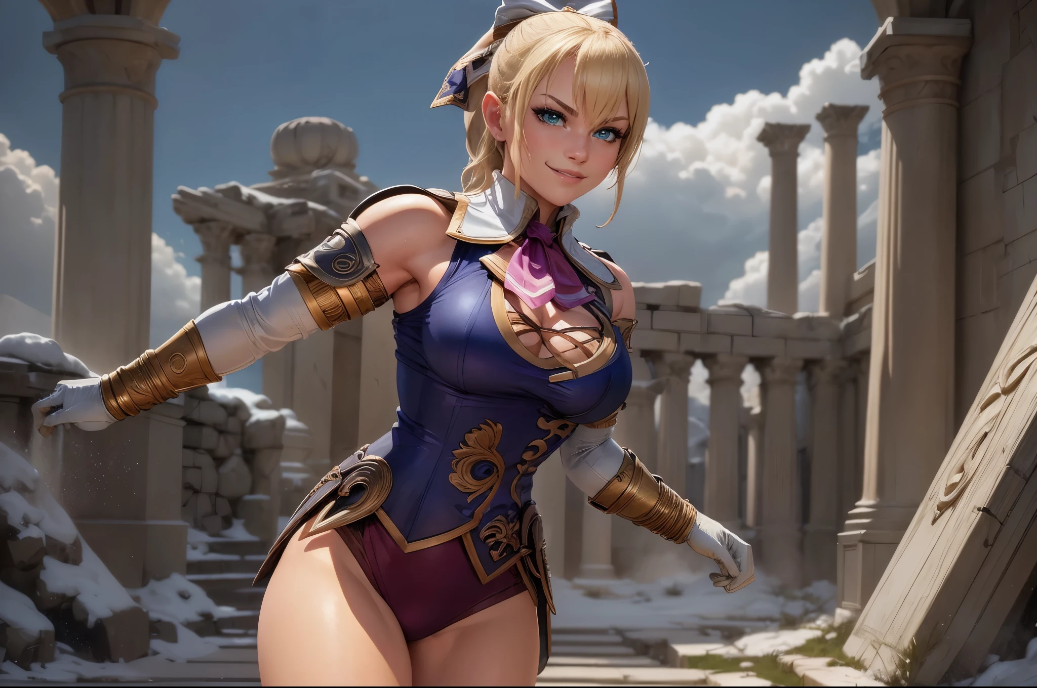 Cassandra Alexandra da Soul Calibur,(best quality,4K,8k,high resolution,work of art:1.2)(weather: cloudy), cowboy shot, solo, Mount Olympus background, greek temple, wide hips, thick thighs, short curly ponytail hair, blonde hair, sleeveless coat, micro shorts, thigh high boots, light makeup, necktie, hair ribbon, elbow gloves, fighting, ultra detailed,portrait,realistic,beautiful detailed green eyes, beautiful detailed lips,extremely detailed eye and face, ultra detailed hands, long eyelashes,average, large breasts,flying hair,beaming smile, cute smile,powerful girl, bright coloured, dramatic lighting,